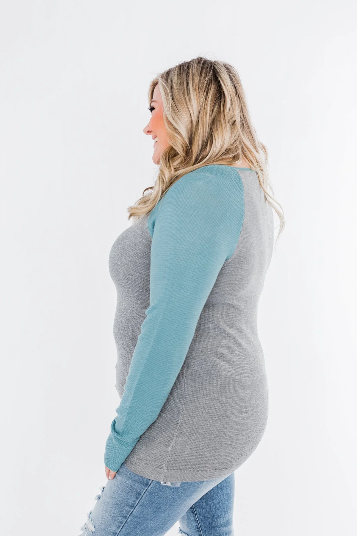 Good Things To Come Raglan Top- Dark Grey & Slate Blue - Image 8