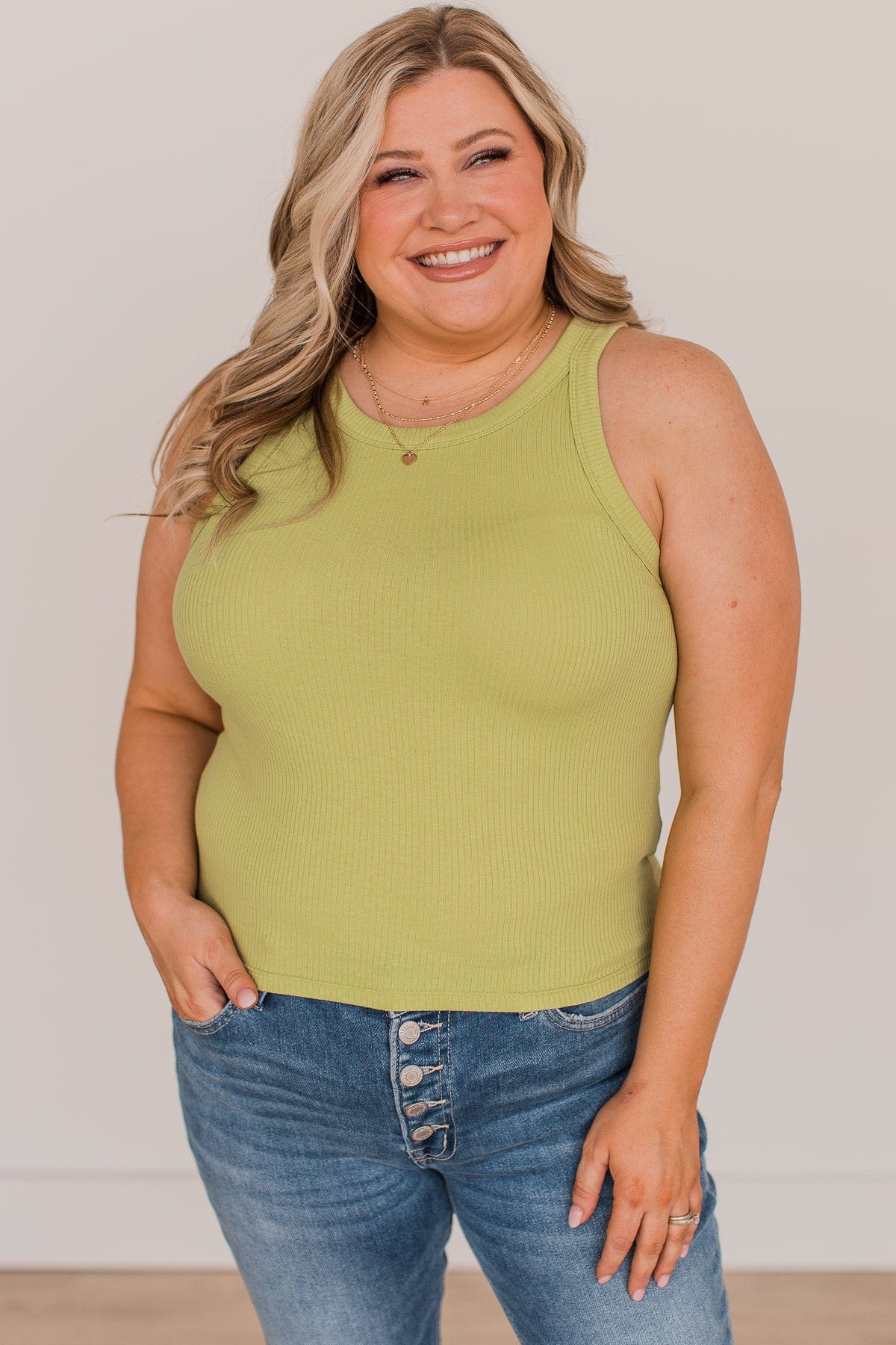 Good To Go Ribbed Knit Tank Top- Pale Olive - Image 2