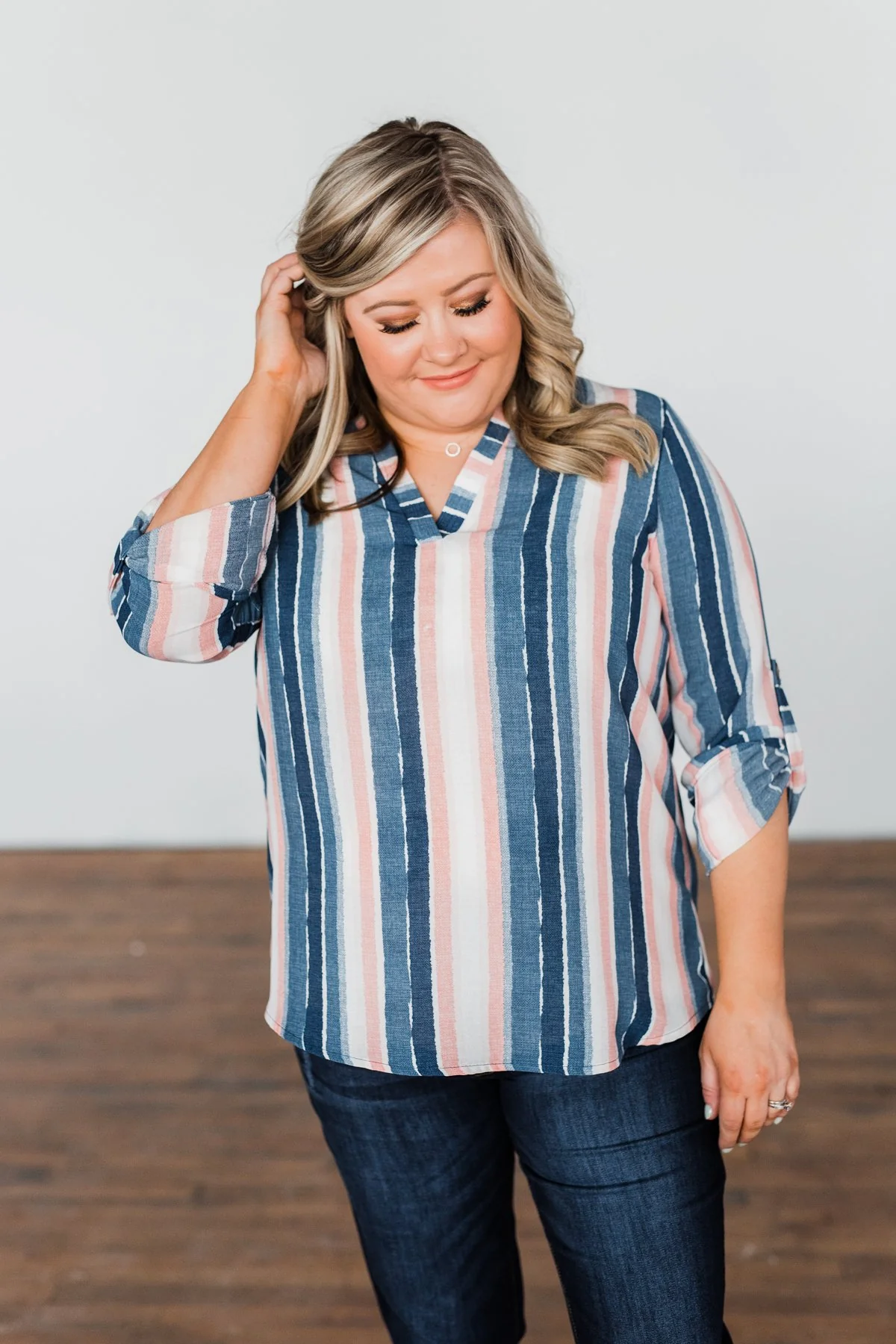 Good To Me V-Neck Striped Top- Navy & Peach - Image 5