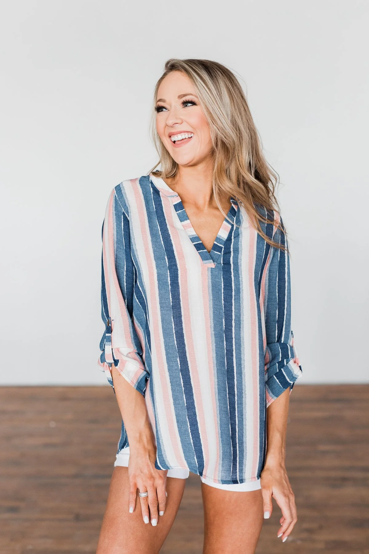 Good To Me V-Neck Striped Top- Navy & Peach - Image 6