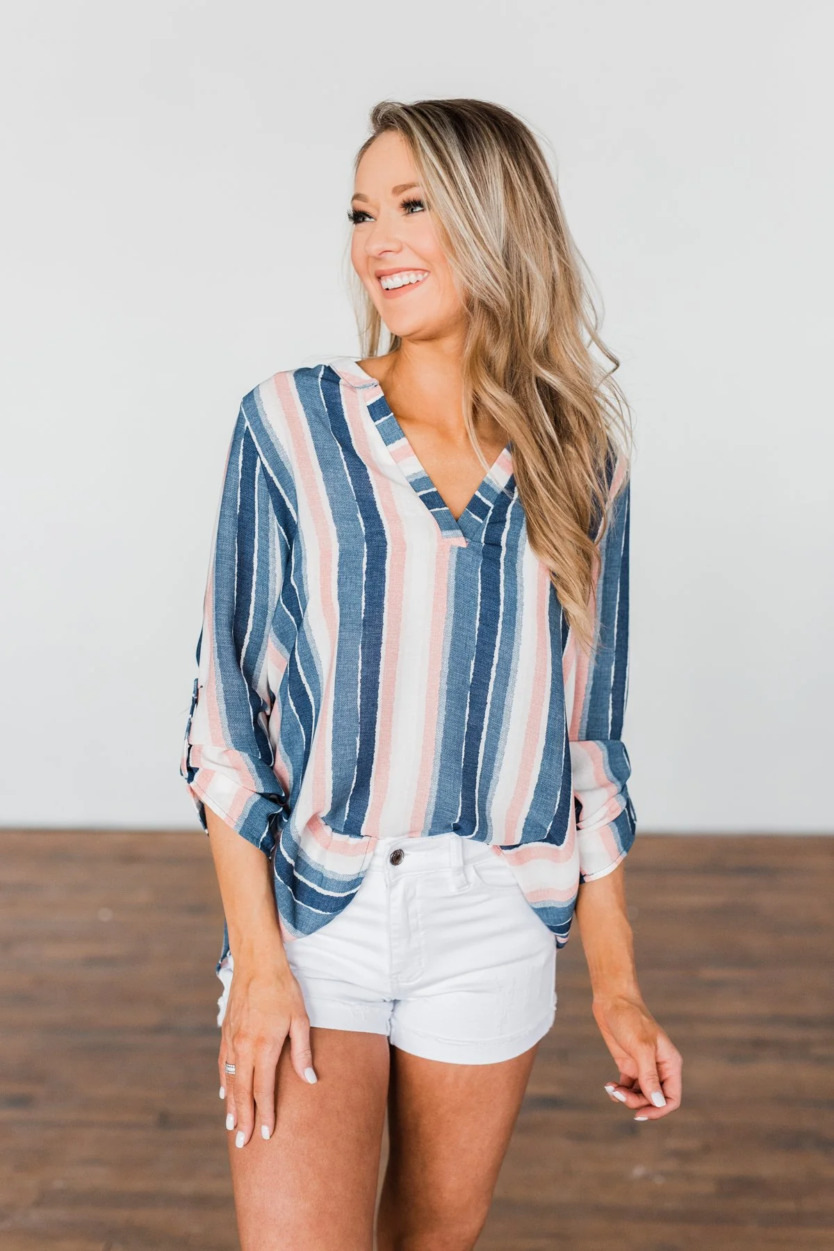 Good To Me V-Neck Striped Top- Navy & Peach - Image 8
