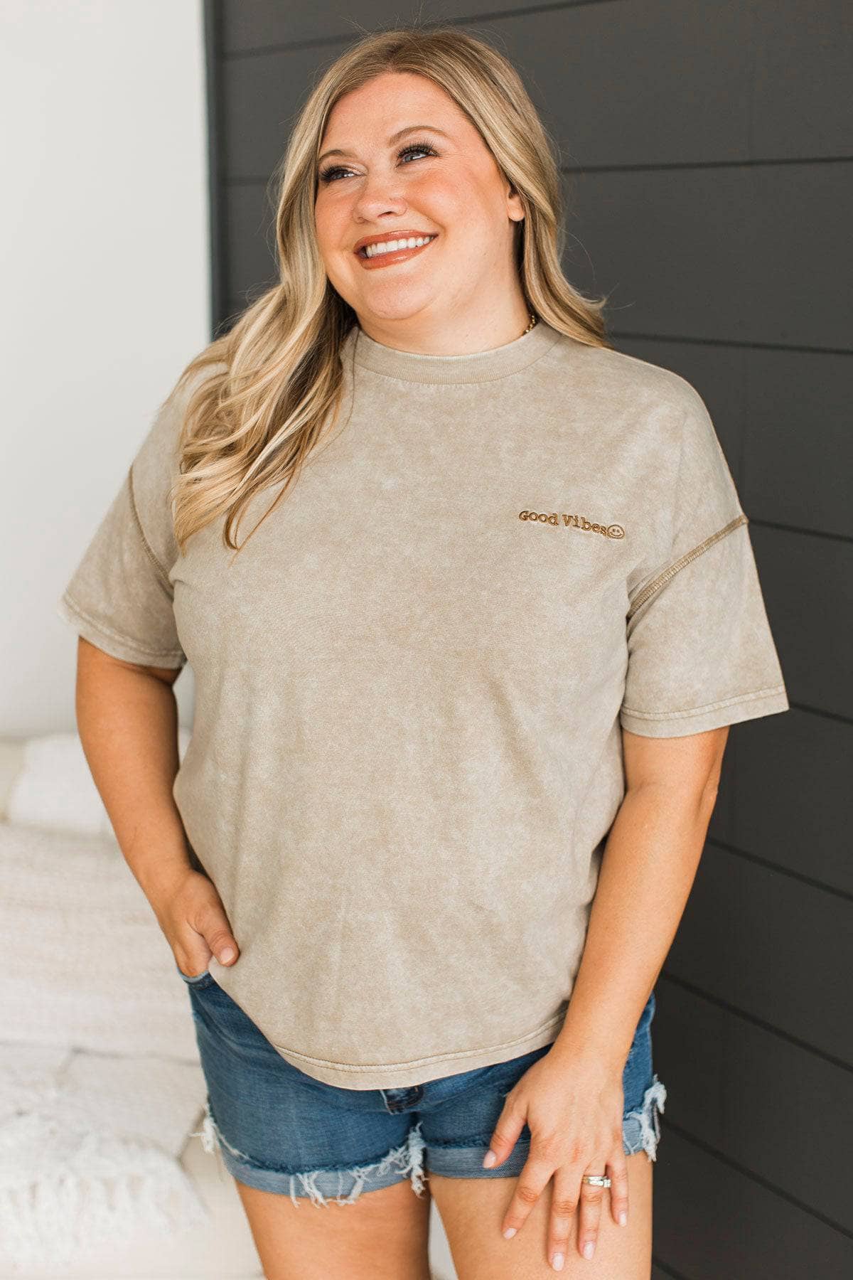 "Good Vibes" Embroidered Mineral Wash Top- Light Mocha