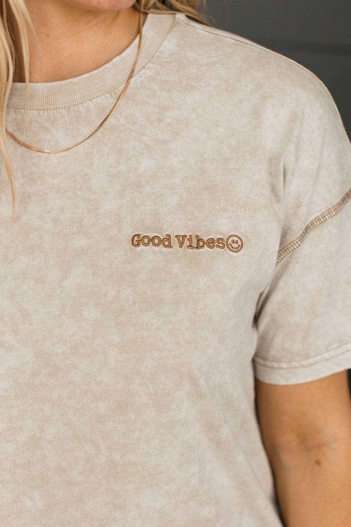 "Good Vibes" Embroidered Mineral Wash Top- Light Mocha - Image 2