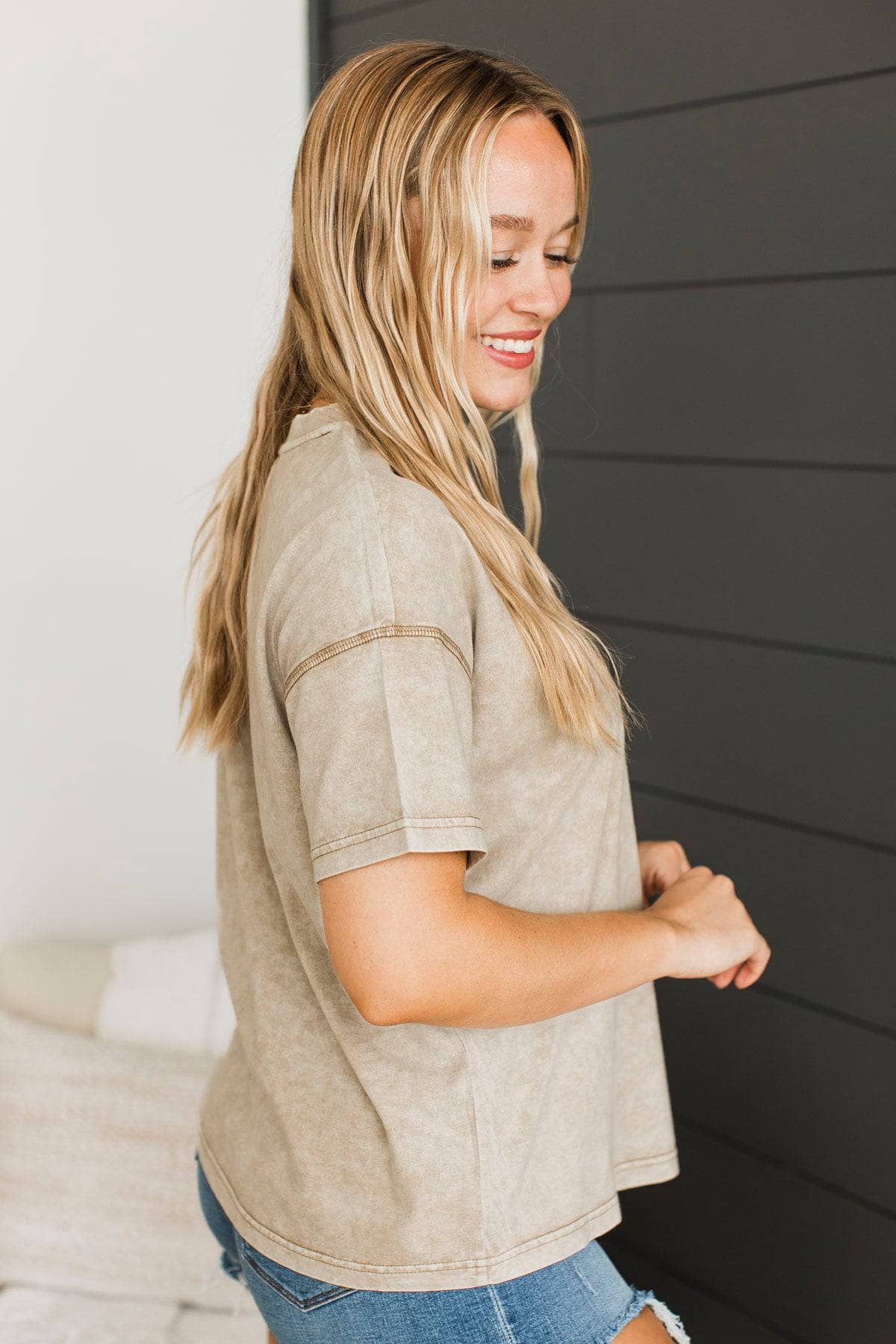 "Good Vibes" Embroidered Mineral Wash Top- Light Mocha - Image 5
