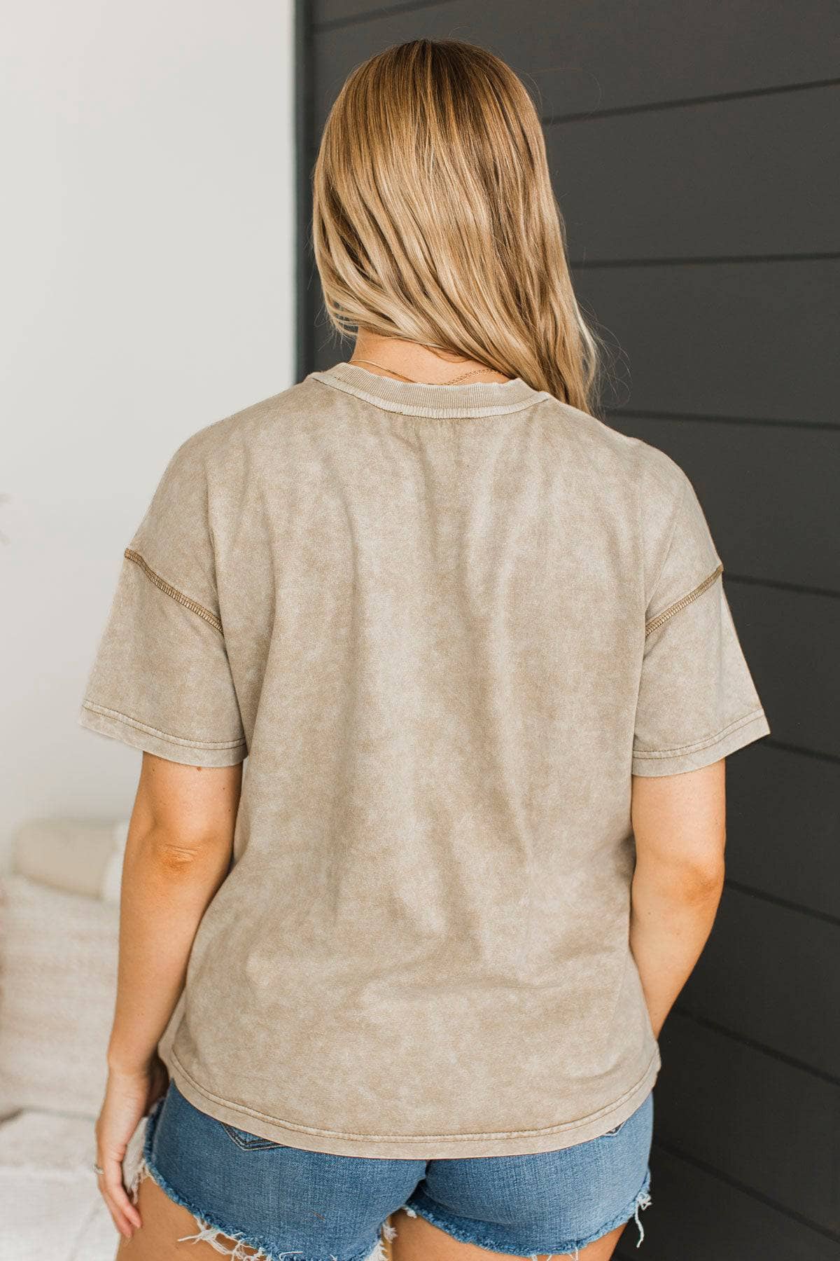 "Good Vibes" Embroidered Mineral Wash Top- Light Mocha - Image 7