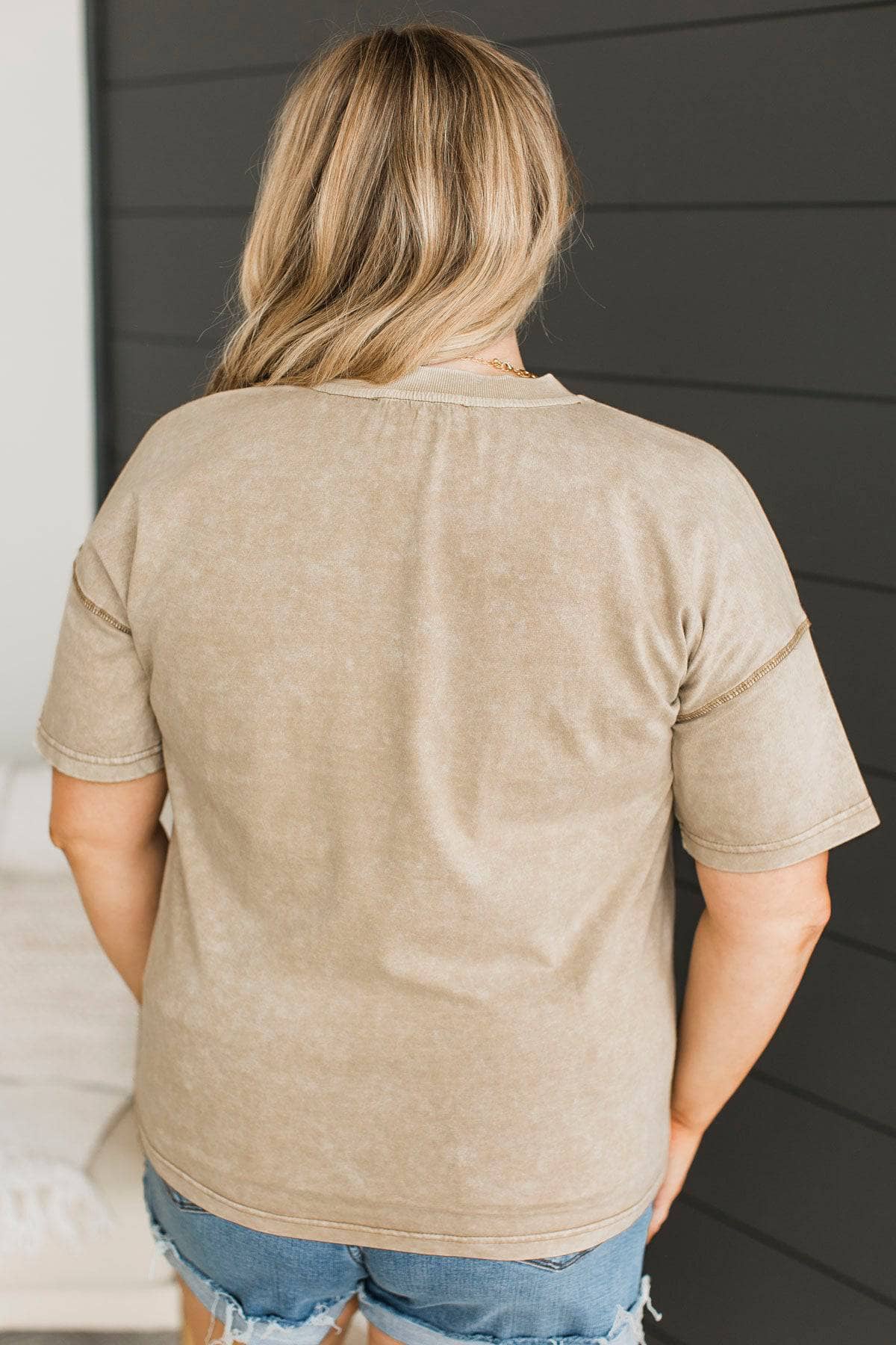 "Good Vibes" Embroidered Mineral Wash Top- Light Mocha - Image 8