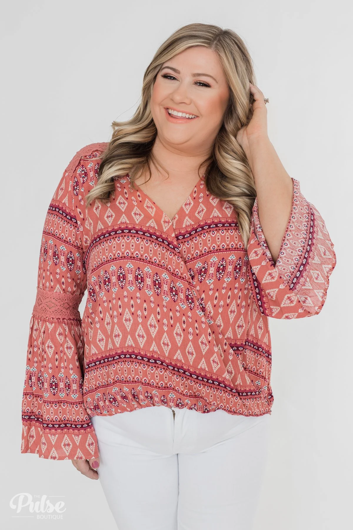 Good Vibes Only Wrap Detail V-Neck Top- Light Rust - Image 11