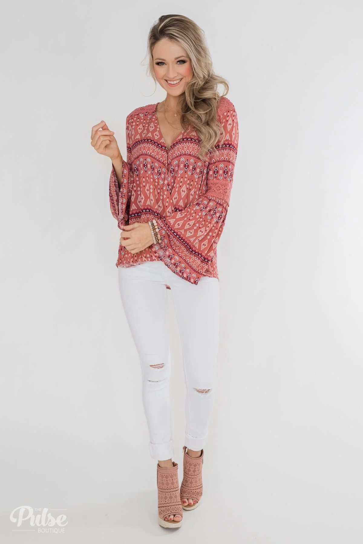 Good Vibes Only Wrap Detail V-Neck Top- Light Rust - Image 4