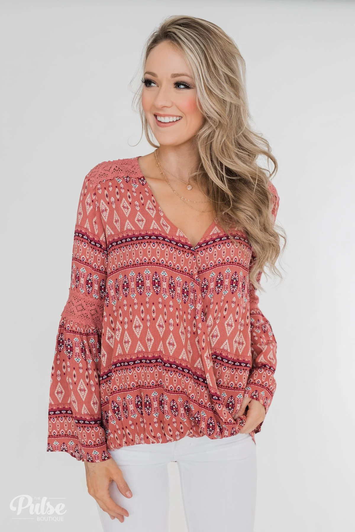 Good Vibes Only Wrap Detail V-Neck Top- Light Rust - Image 5