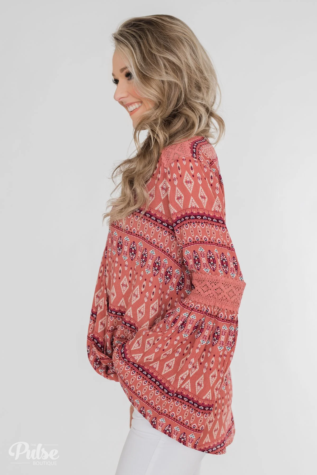 Good Vibes Only Wrap Detail V-Neck Top- Light Rust - Image 7