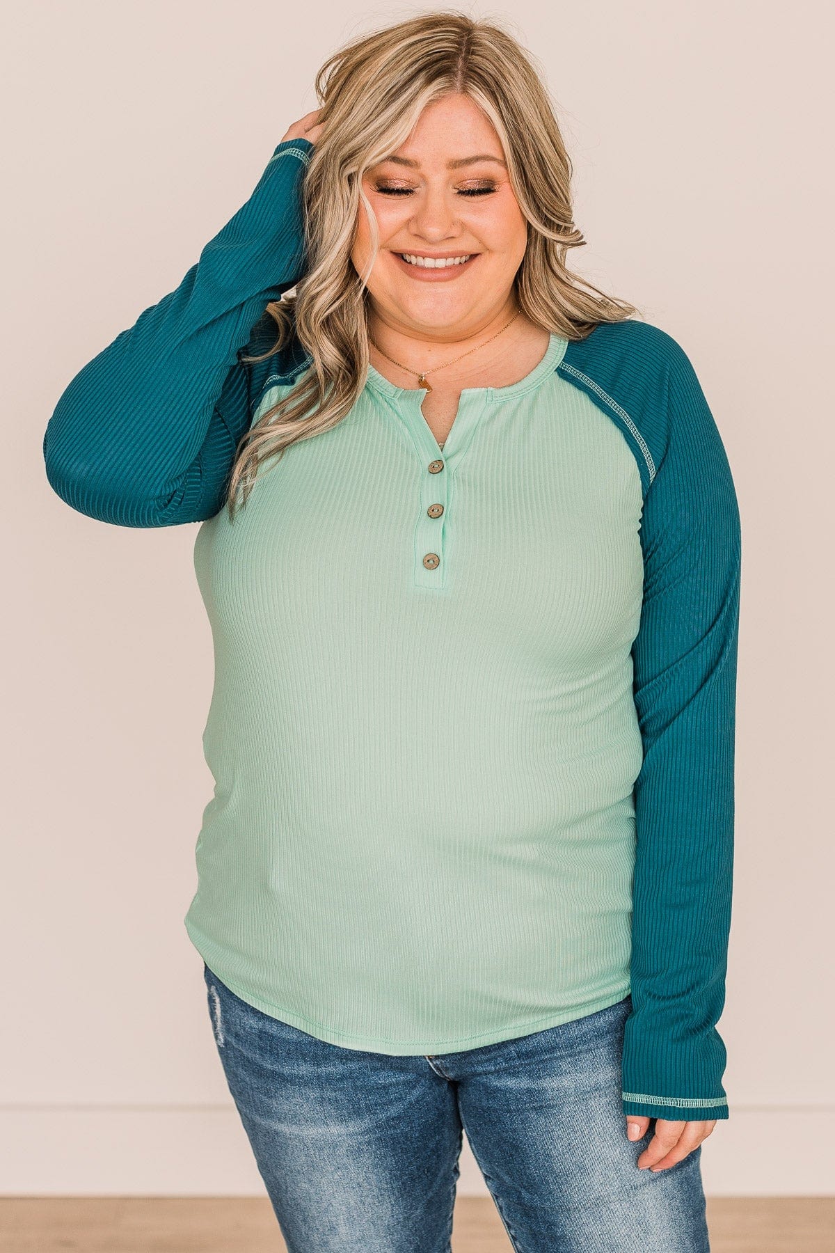 Good Wishes Button Knit Top- Mint & Teal - Image 4