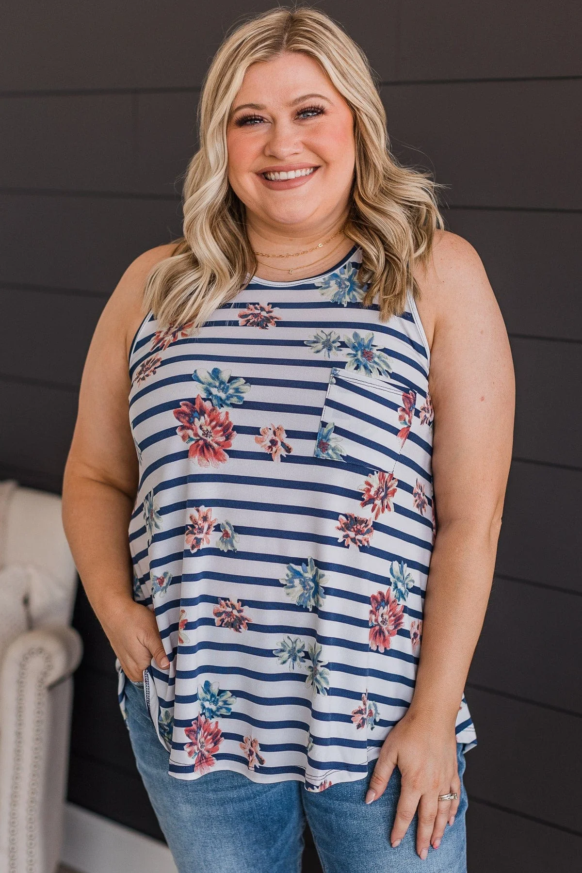 Got A Feeling Floral & Stripe Tank Top- Ivory & Navy - Image 3