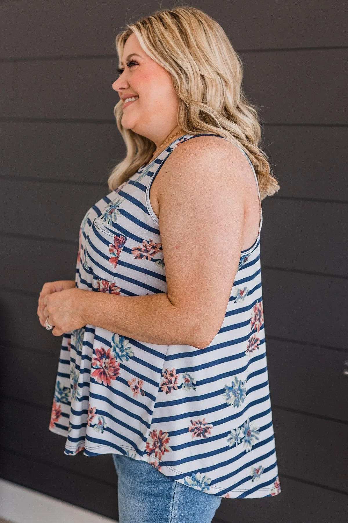 Got A Feeling Floral & Stripe Tank Top- Ivory & Navy - Image 5