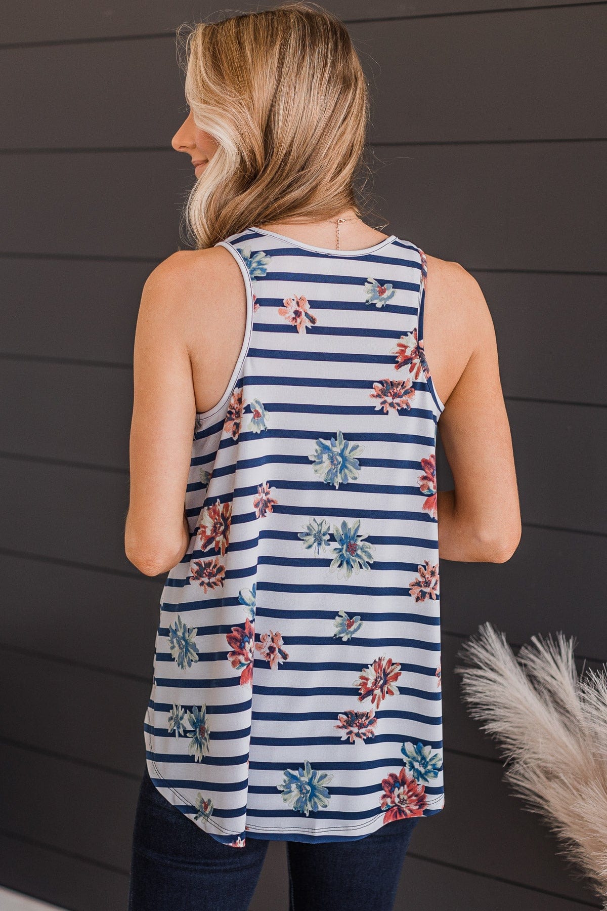 Got A Feeling Floral & Stripe Tank Top- Ivory & Navy - Image 7