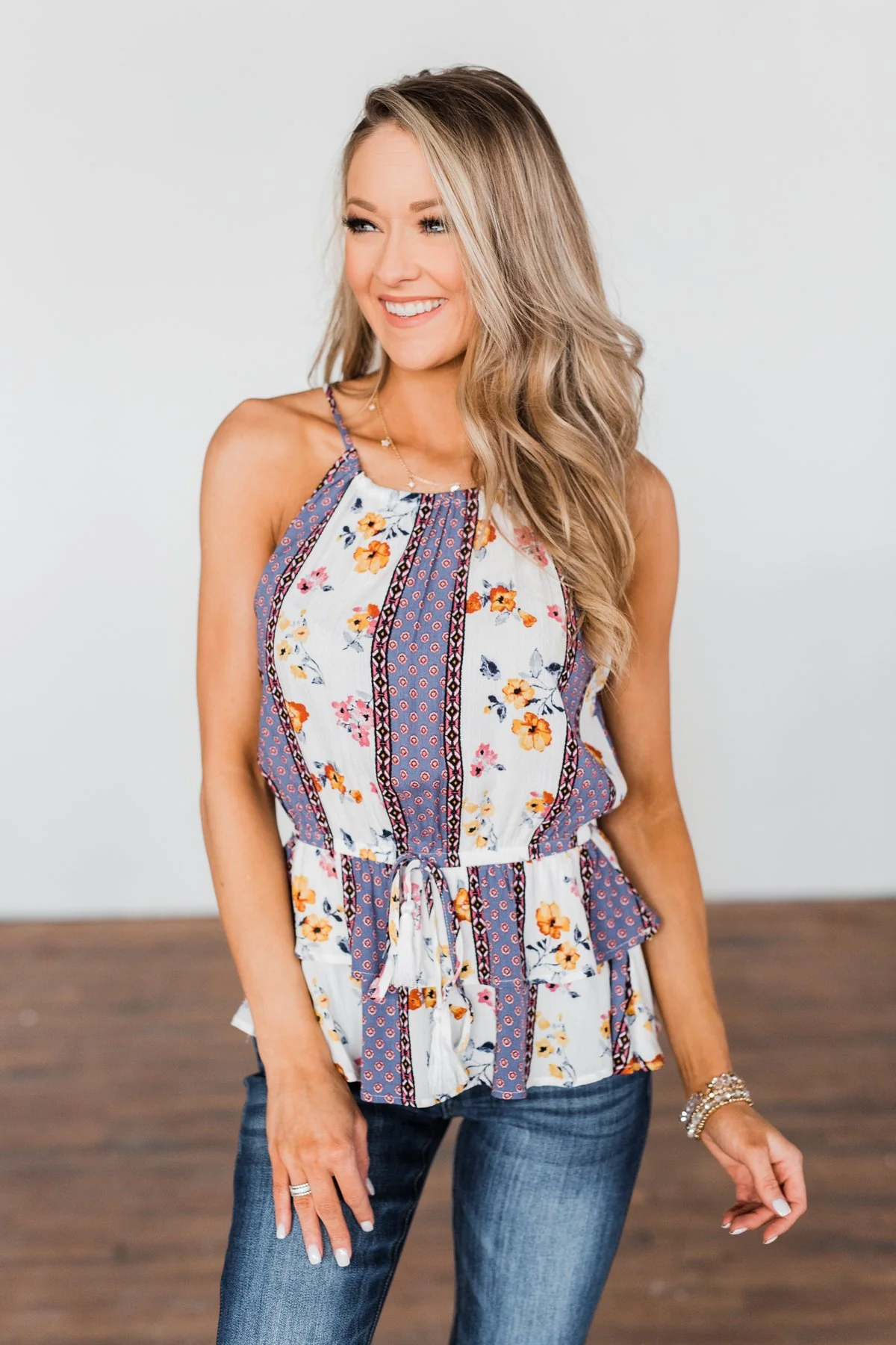 Got My Attention Tank Top- Ivory & Dusty Blue - Image 2