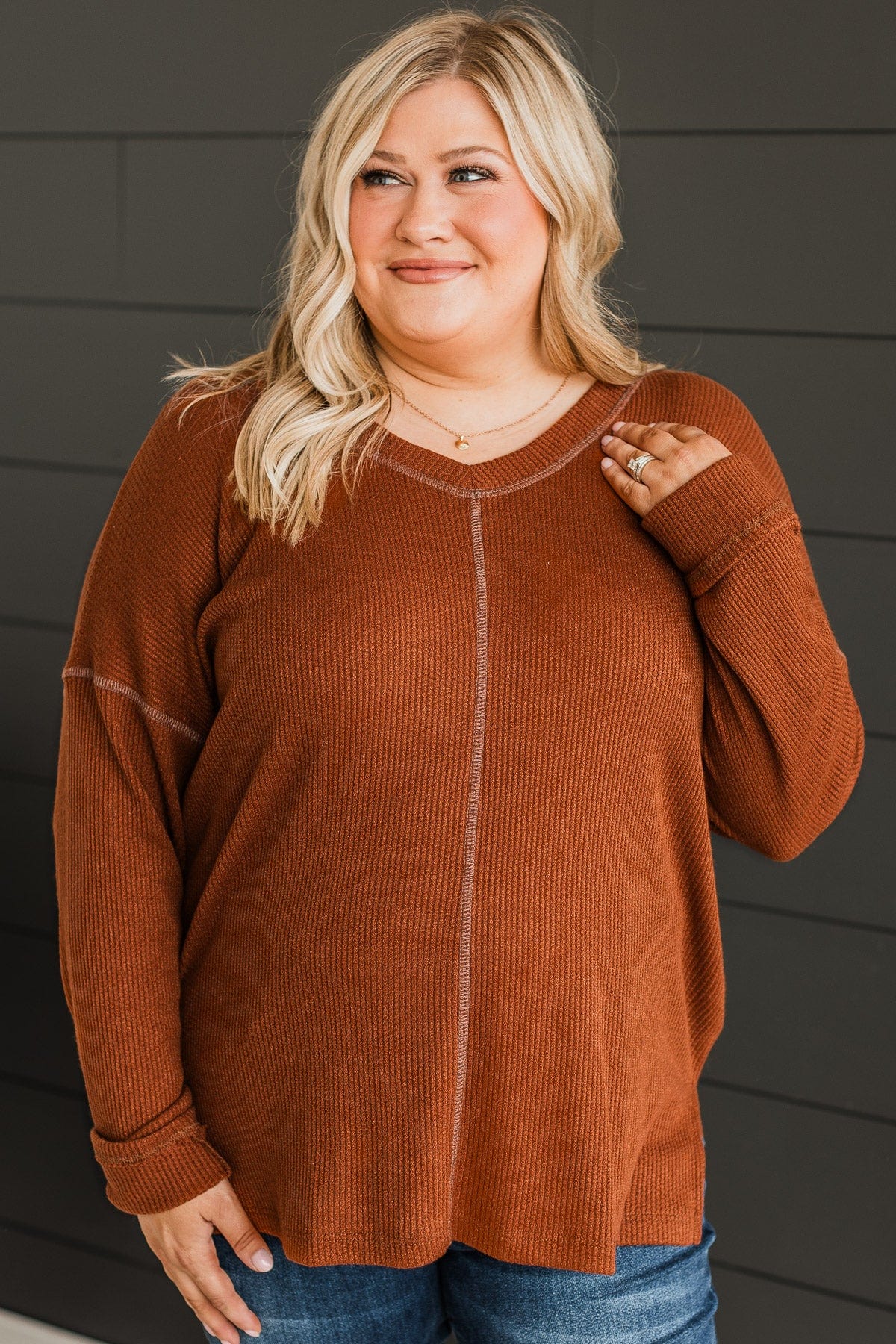 Got Your Attention Waffle Knit Top- Copper - Image 2