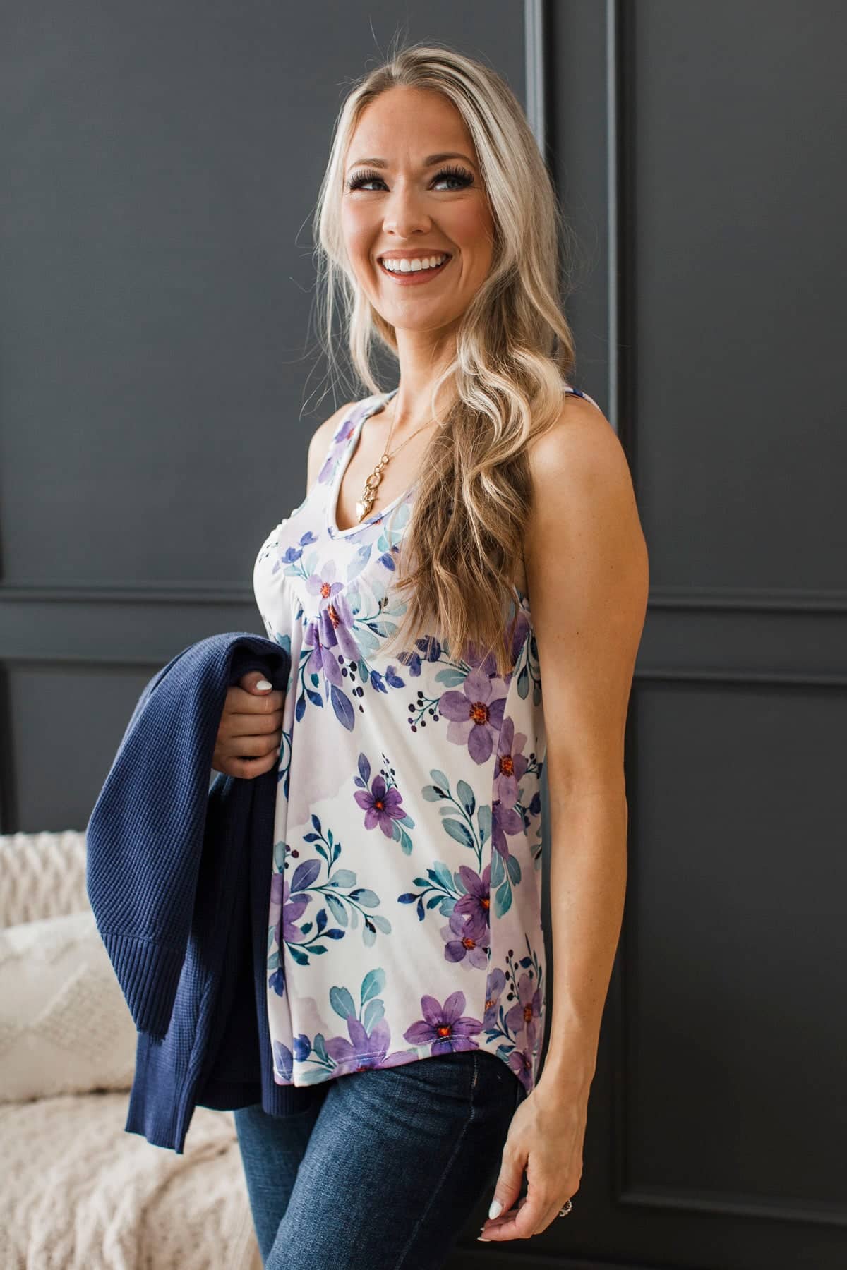 Graceful Beauty Floral Tank Top- Ivory & Purple - Image 3