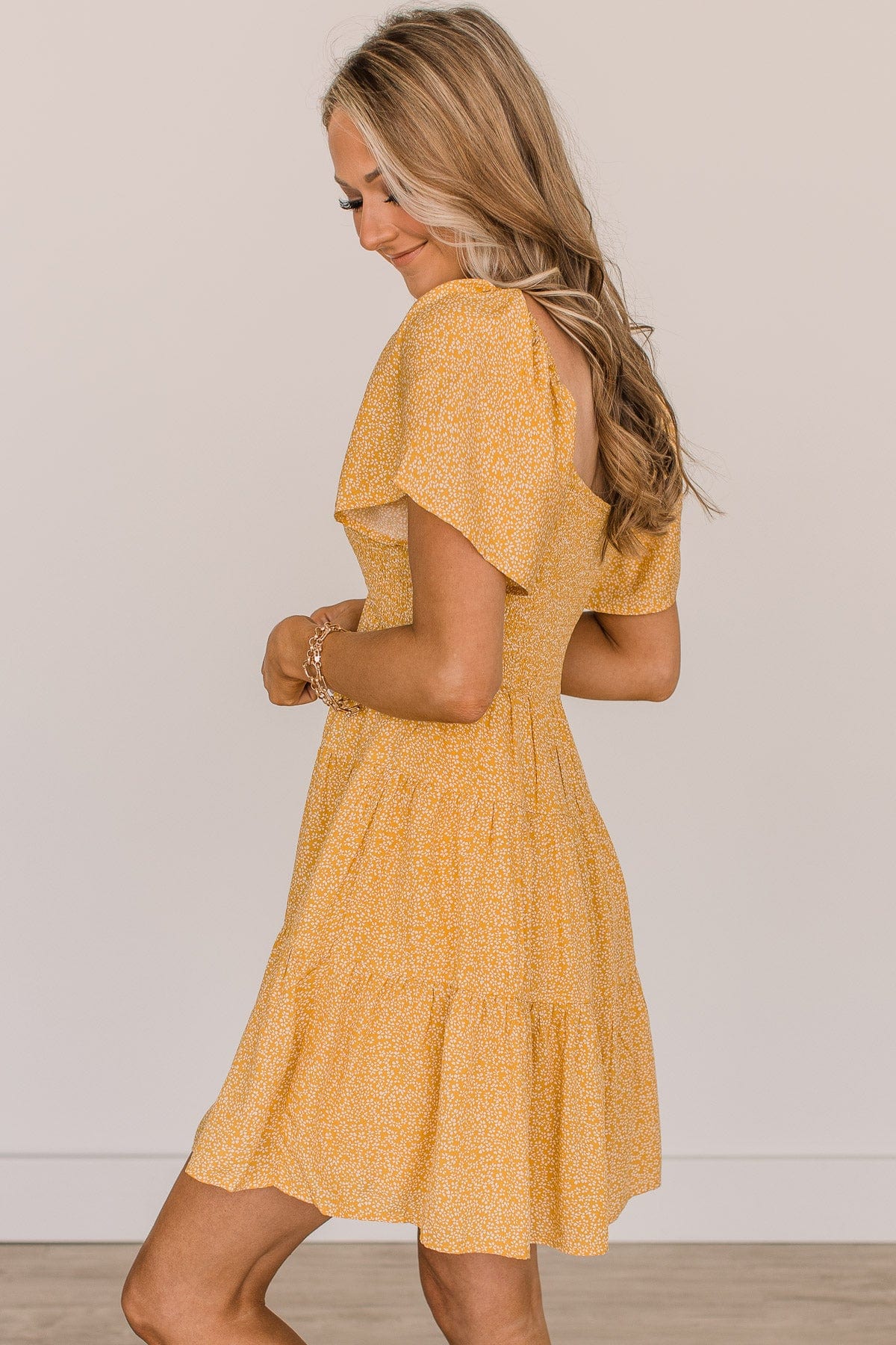 Grand Arrival Smocked Floral Dress- Golden Yellow - Image 5
