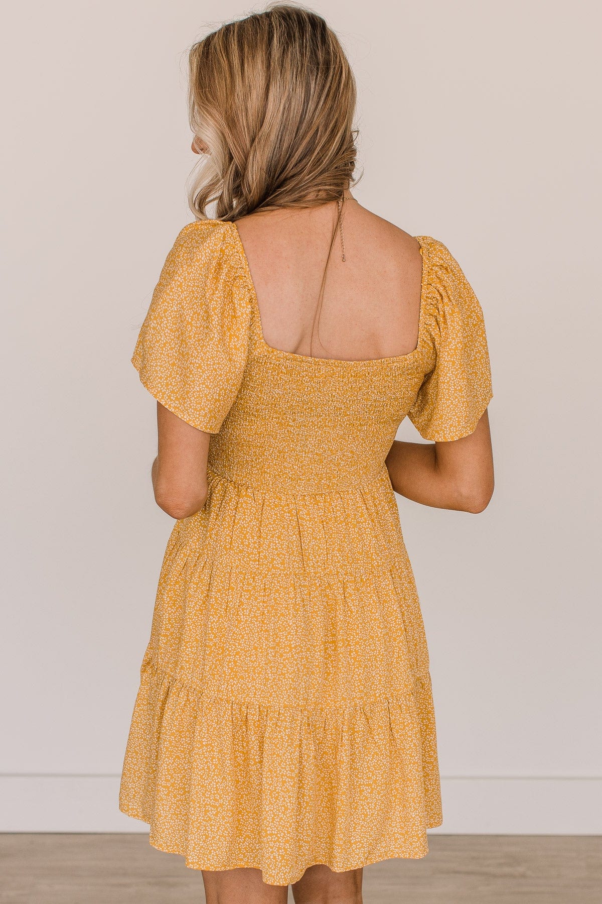 Grand Arrival Smocked Floral Dress- Golden Yellow - Image 7