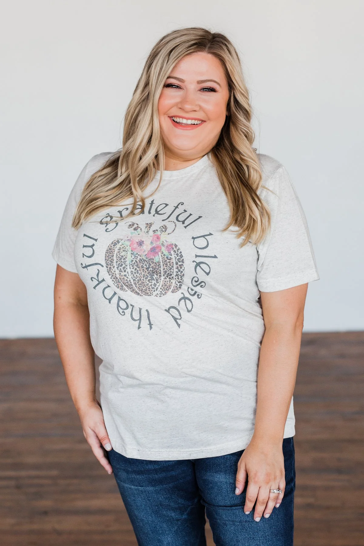 "Grateful, Blessed, Thankful" Graphic Tee- Heathered Oatmeal - Image 4
