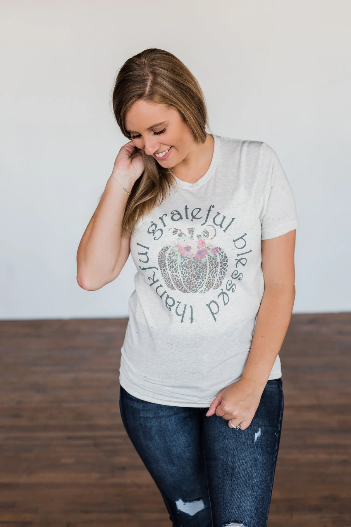"Grateful, Blessed, Thankful" Graphic Tee- Heathered Oatmeal - Image 5