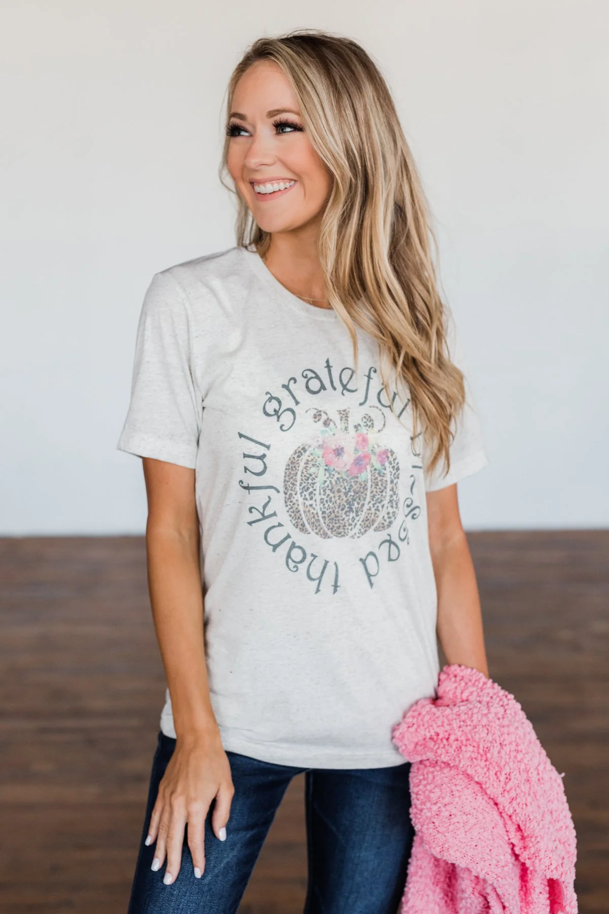 "Grateful, Blessed, Thankful" Graphic Tee- Heathered Oatmeal - Image 6