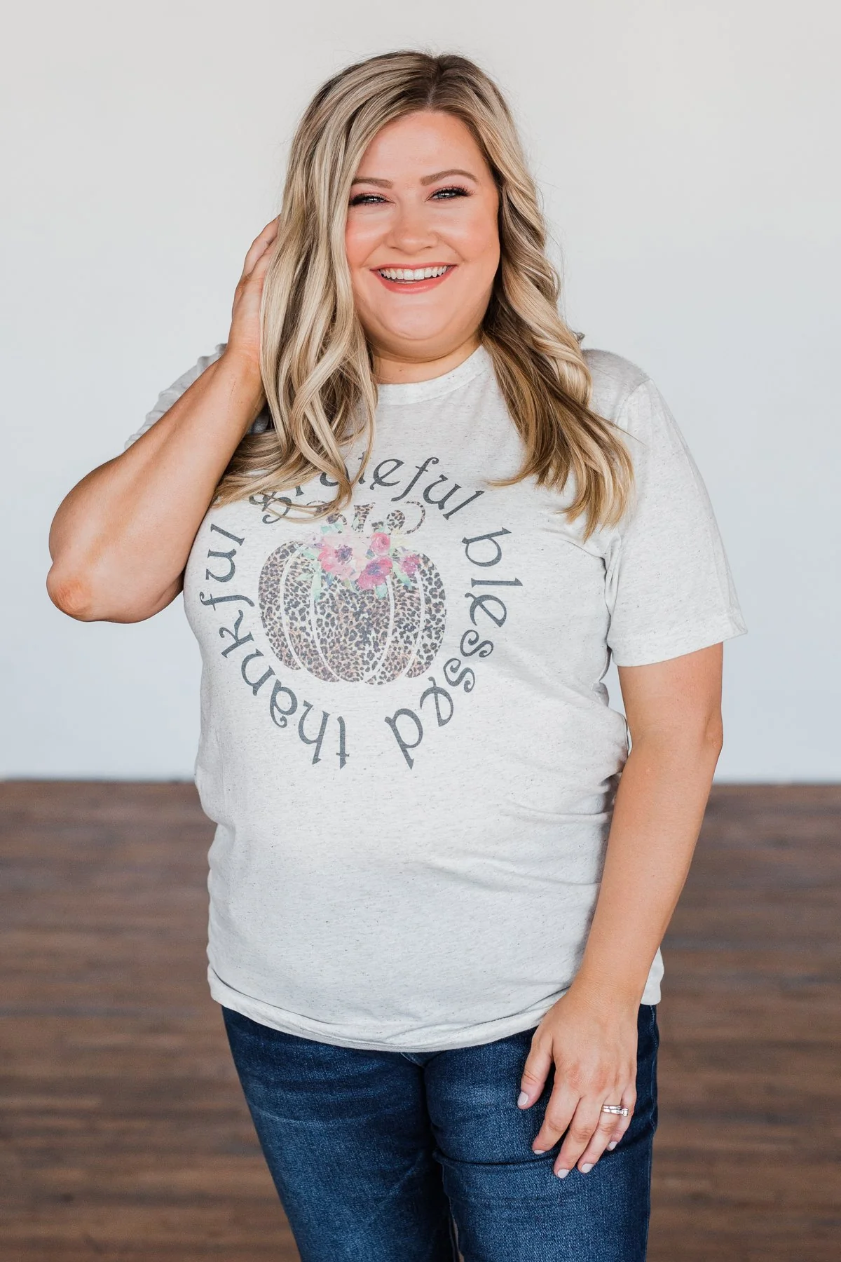 "Grateful, Blessed, Thankful" Graphic Tee- Heathered Oatmeal - Image 7