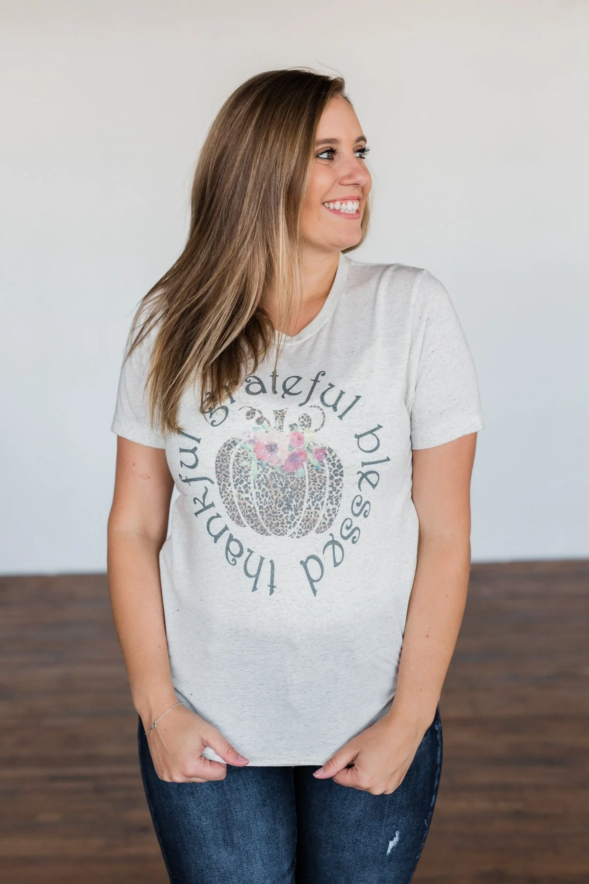 "Grateful, Blessed, Thankful" Graphic Tee- Heathered Oatmeal - Image 8
