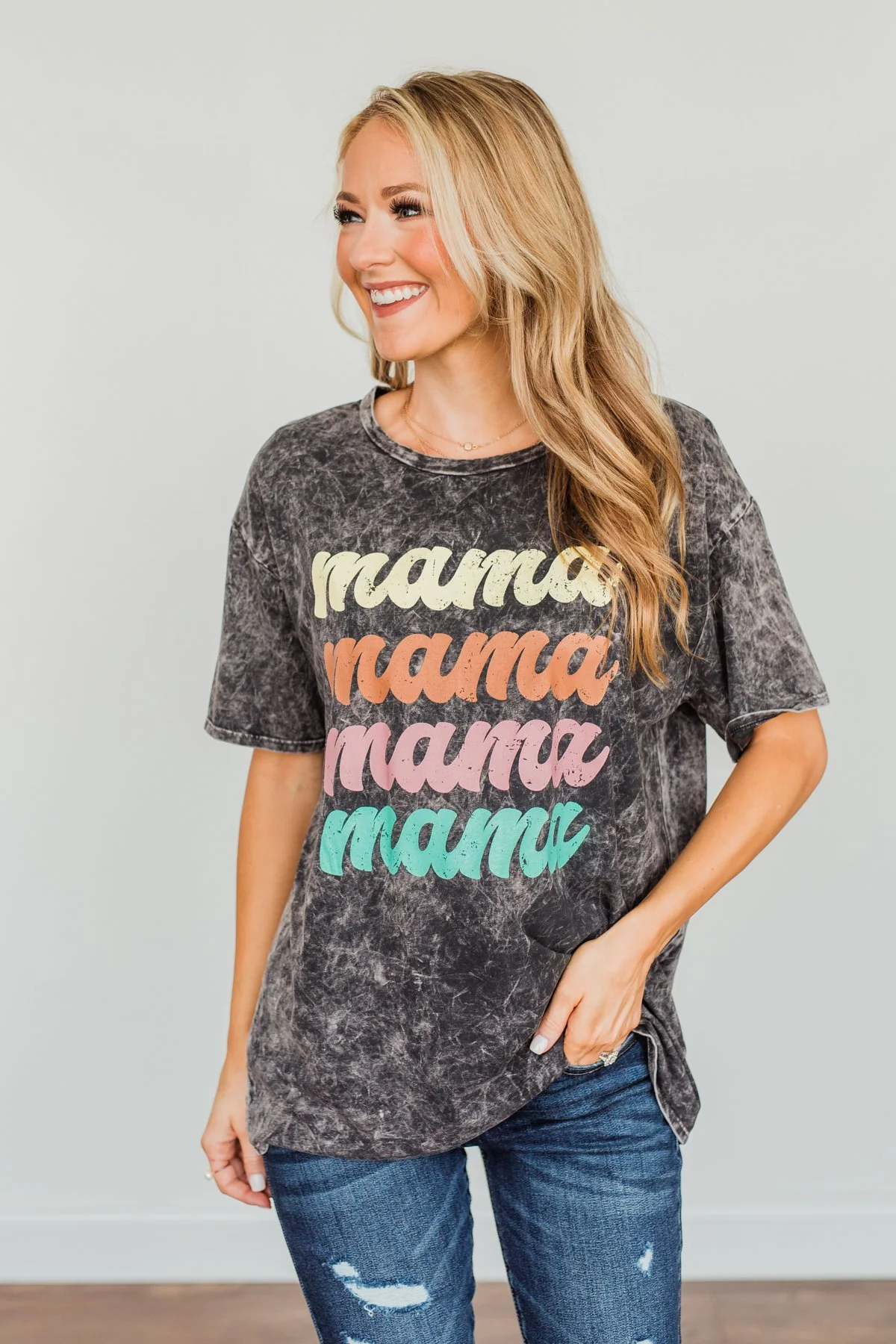 Grateful For You "Mama" Graphic Tee- Washed Charcoal - Image 2