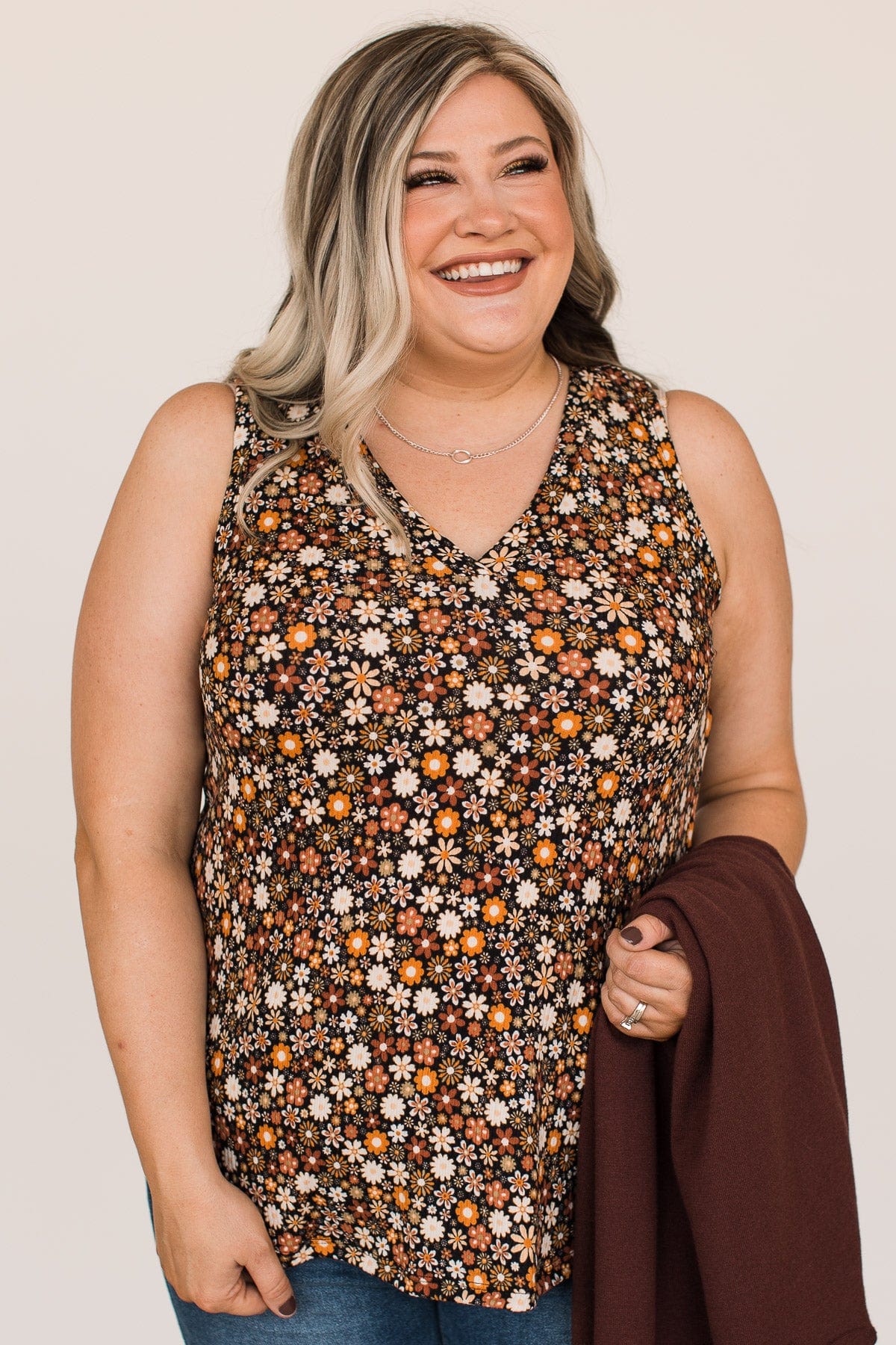 Grateful Hearts Floral Tank Top- Black & Rust - Image 4