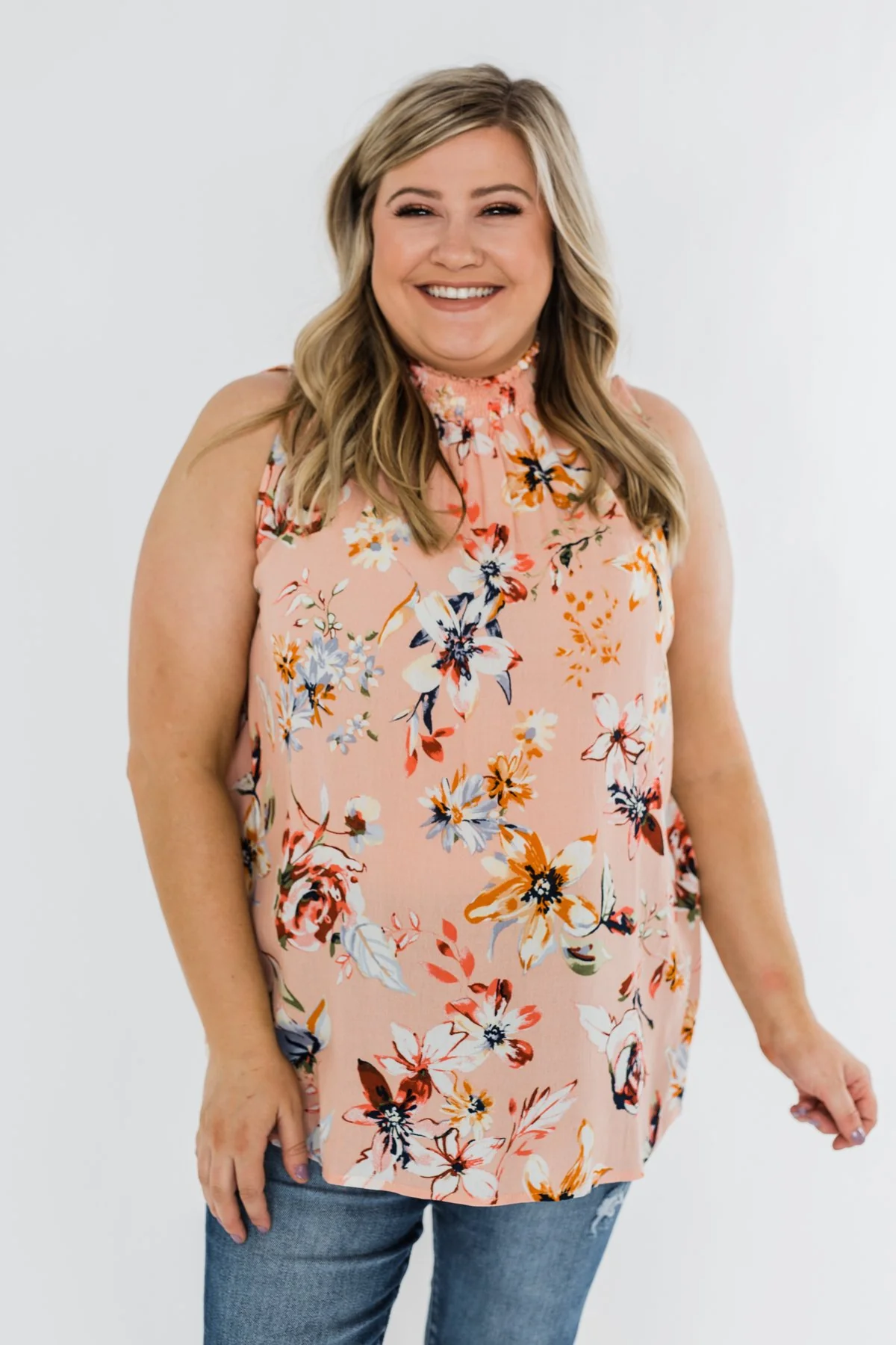 Great Days Floral Mock Neck Tank Top- Peach - Image 3
