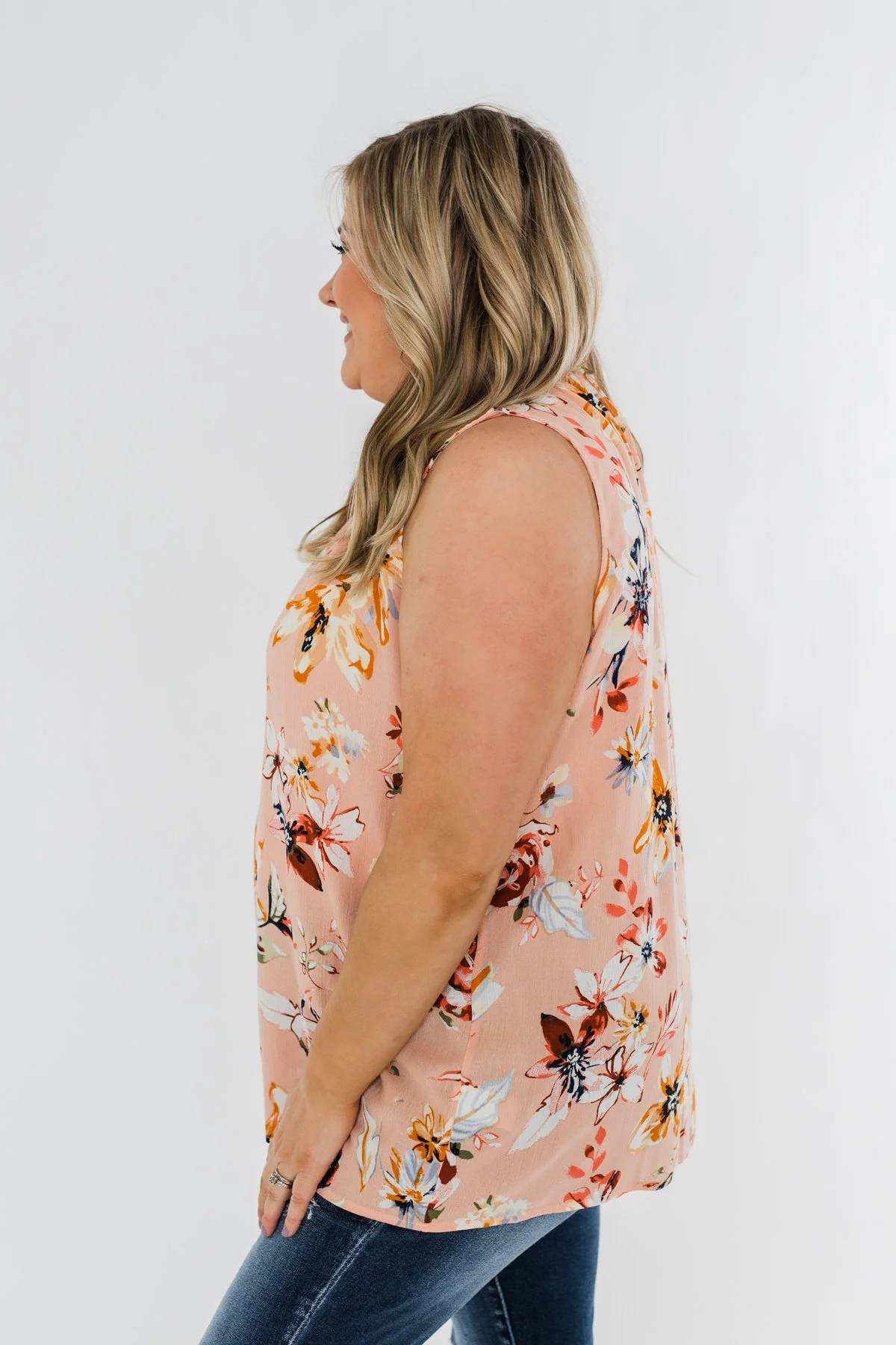 Great Days Floral Mock Neck Tank Top- Peach - Image 7