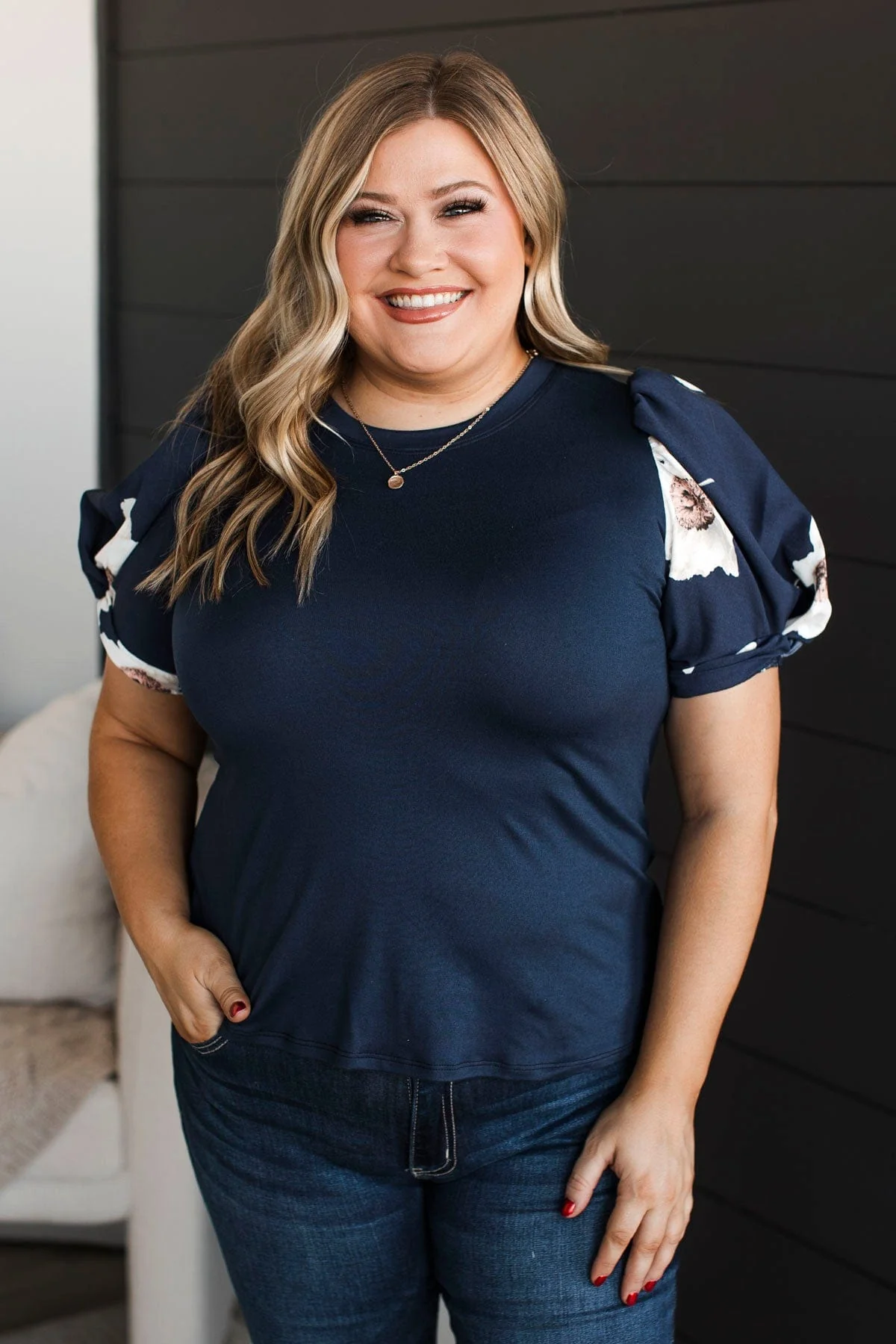 Great News Puff Sleeve Top- Dark Navy - Image 2