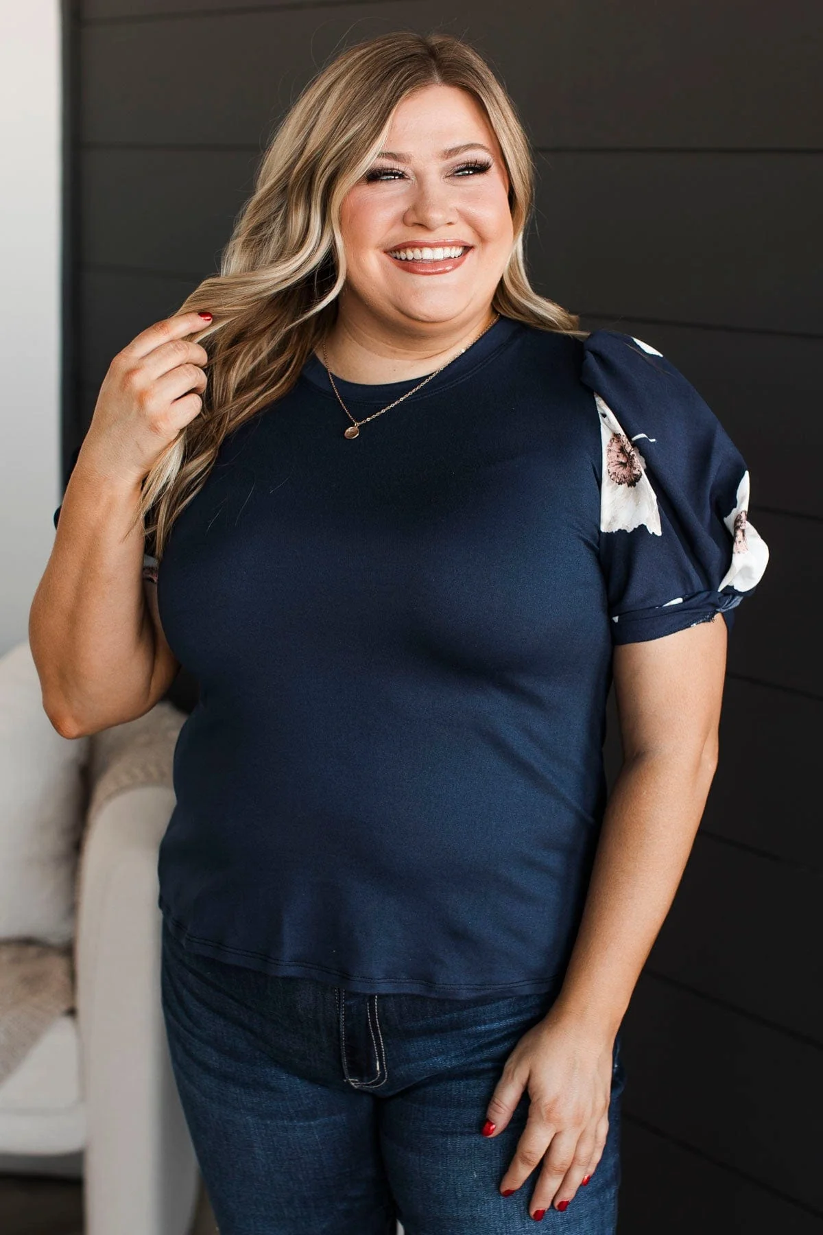 Great News Puff Sleeve Top- Dark Navy - Image 4