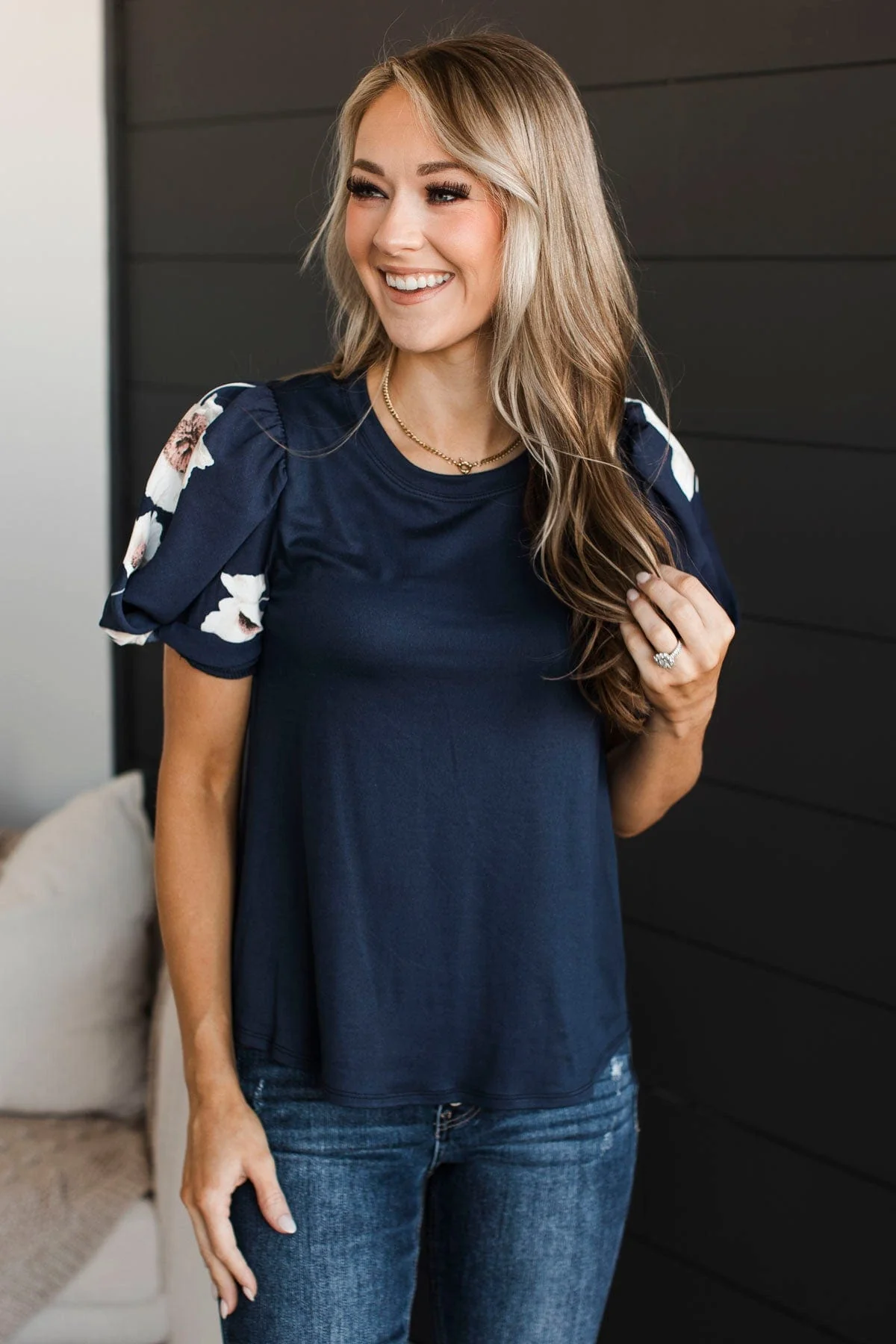 Great News Puff Sleeve Top- Dark Navy - Image 5