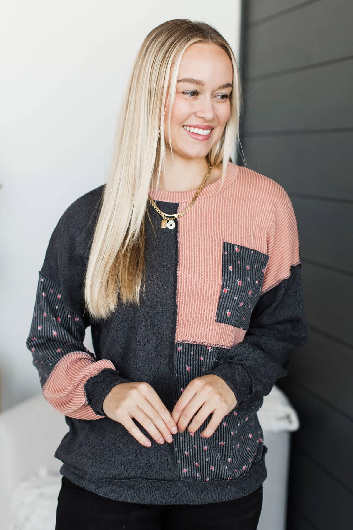 Greedy For Love Fabric Block Pullover Top- Charcoal - Image 4