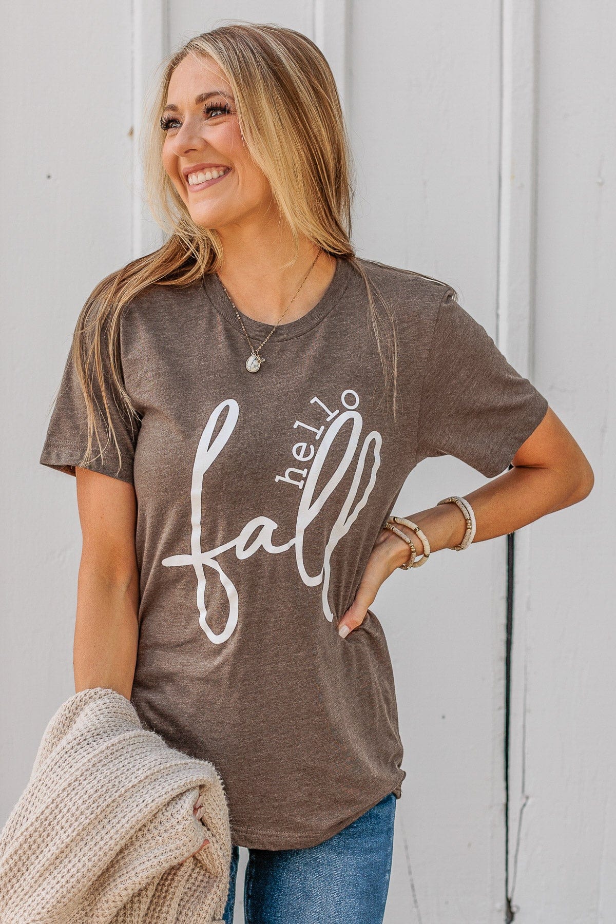 Greeting The Season "Hello Fall" Graphic Tee- Dark Mocha - Image 4