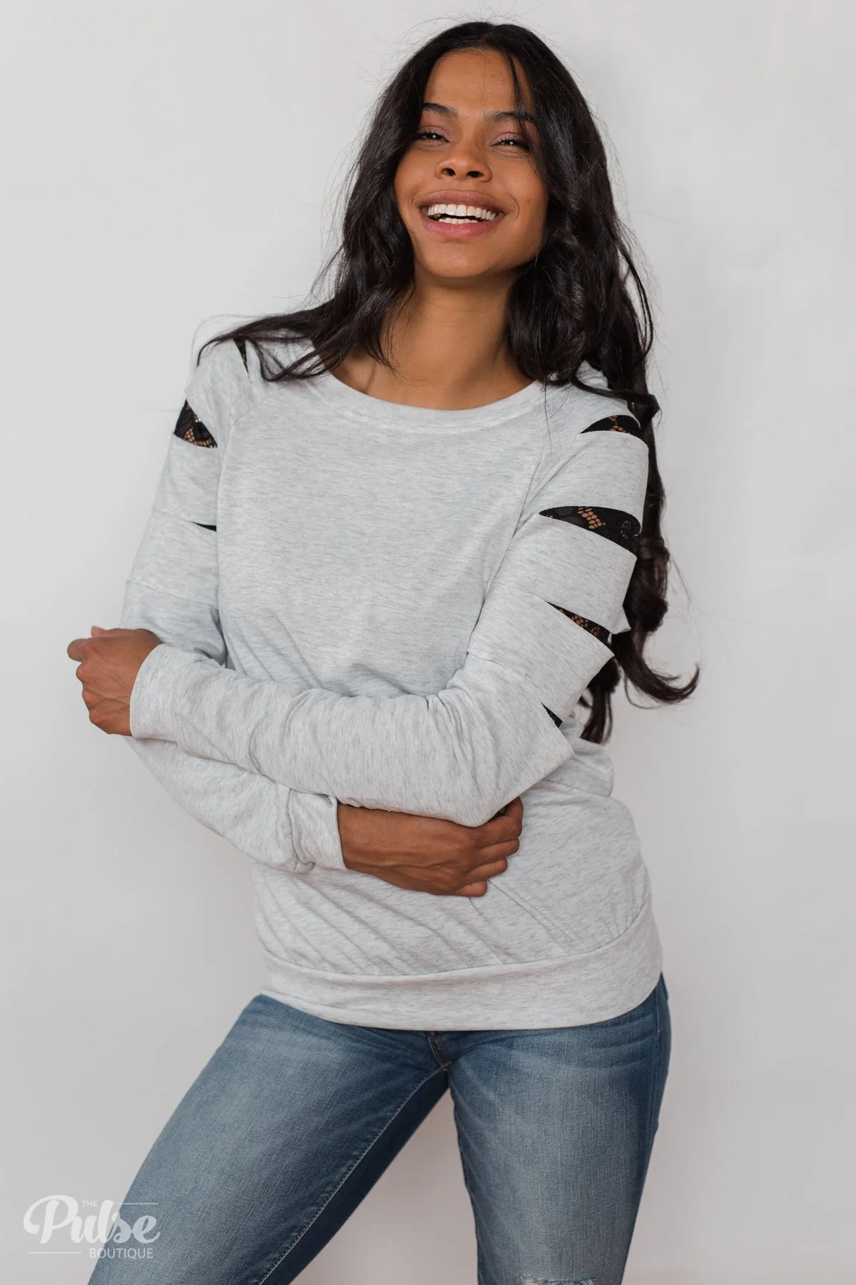 At First Glance Pullover Lace Detail Top- Grey - Image 10