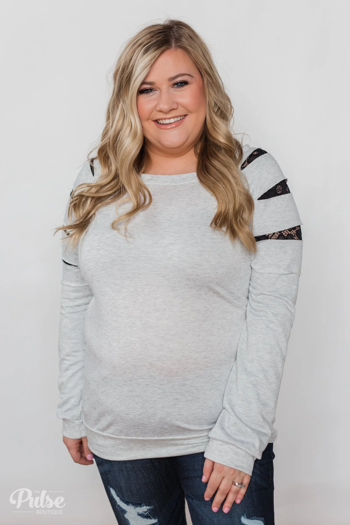 At First Glance Pullover Lace Detail Top- Grey - Image 2