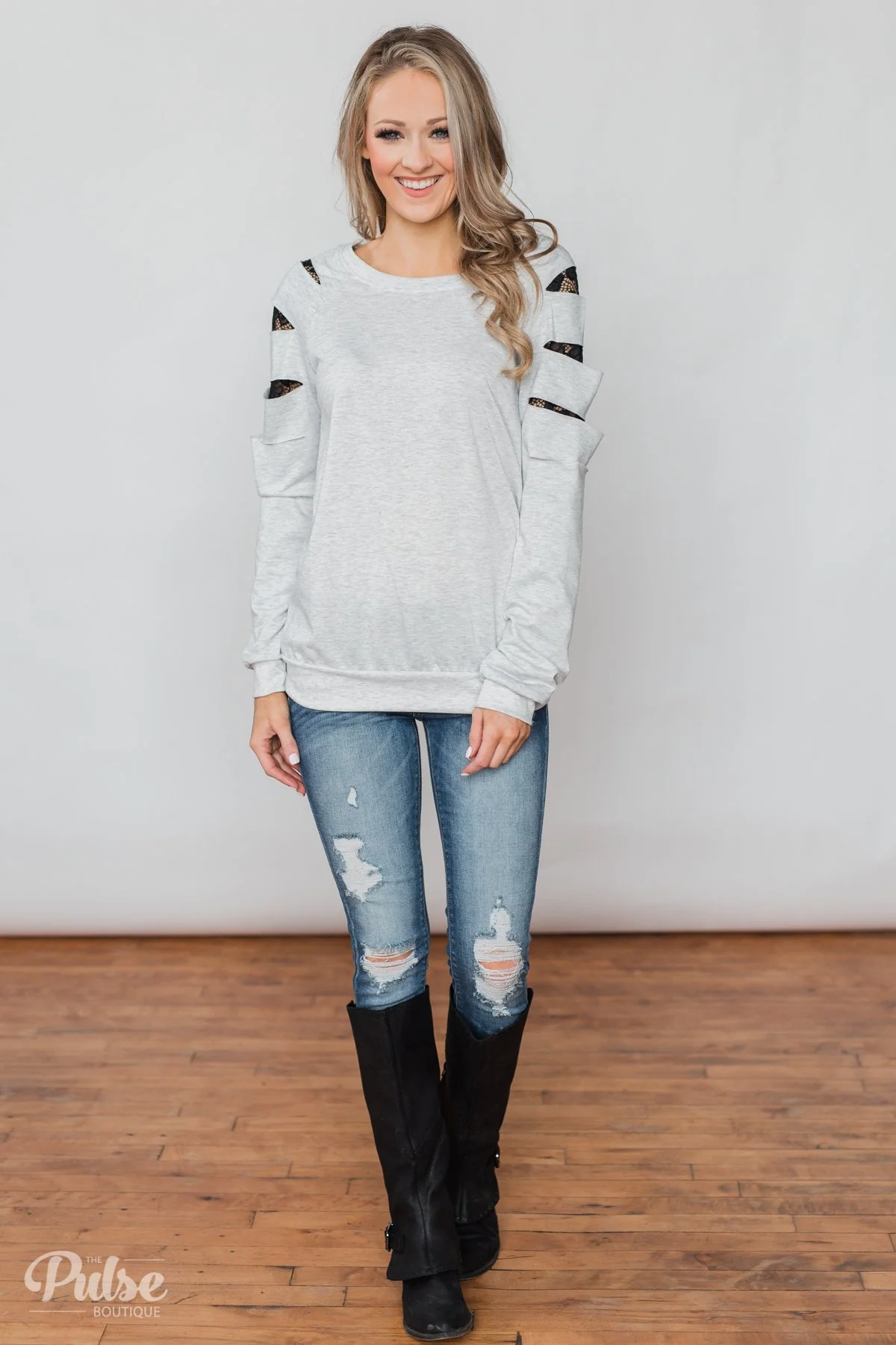 At First Glance Pullover Lace Detail Top- Grey - Image 3
