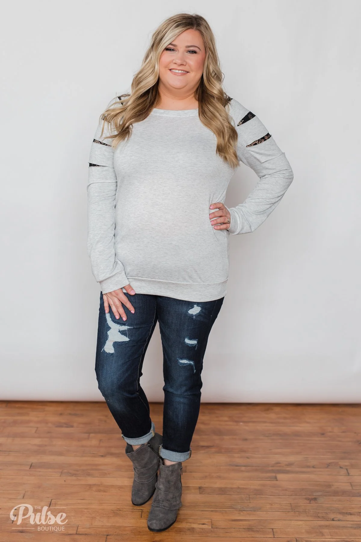 At First Glance Pullover Lace Detail Top- Grey - Image 4
