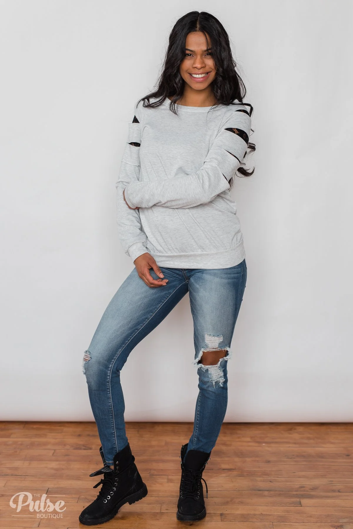 At First Glance Pullover Lace Detail Top- Grey - Image 5