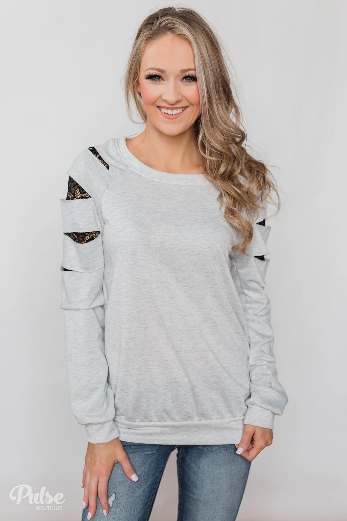 At First Glance Pullover Lace Detail Top- Grey - Image 6