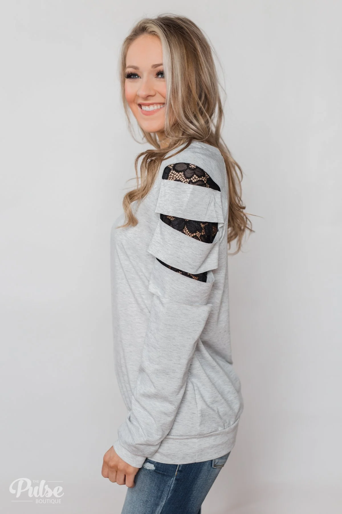 At First Glance Pullover Lace Detail Top- Grey - Image 7