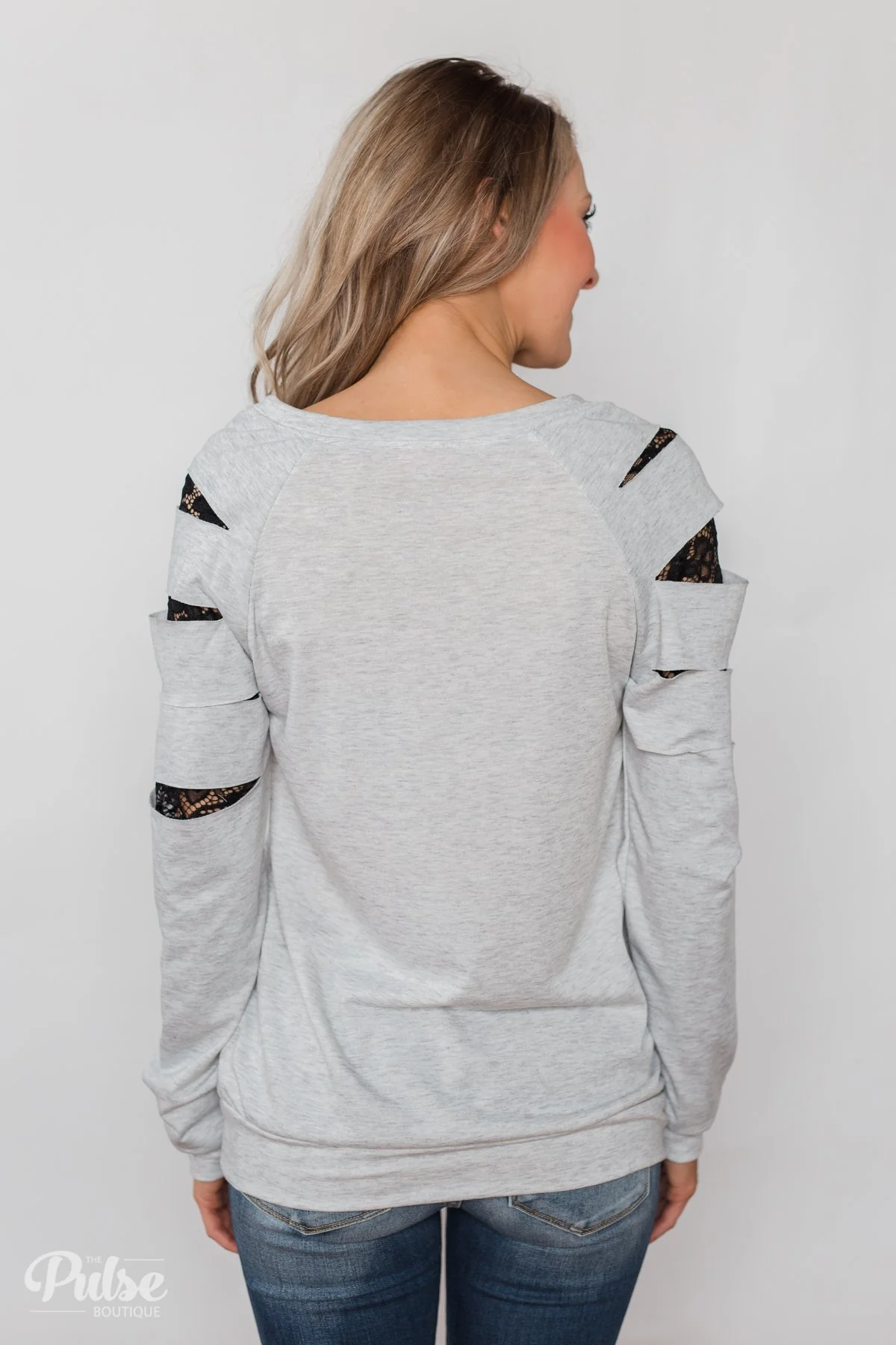 At First Glance Pullover Lace Detail Top- Grey - Image 8