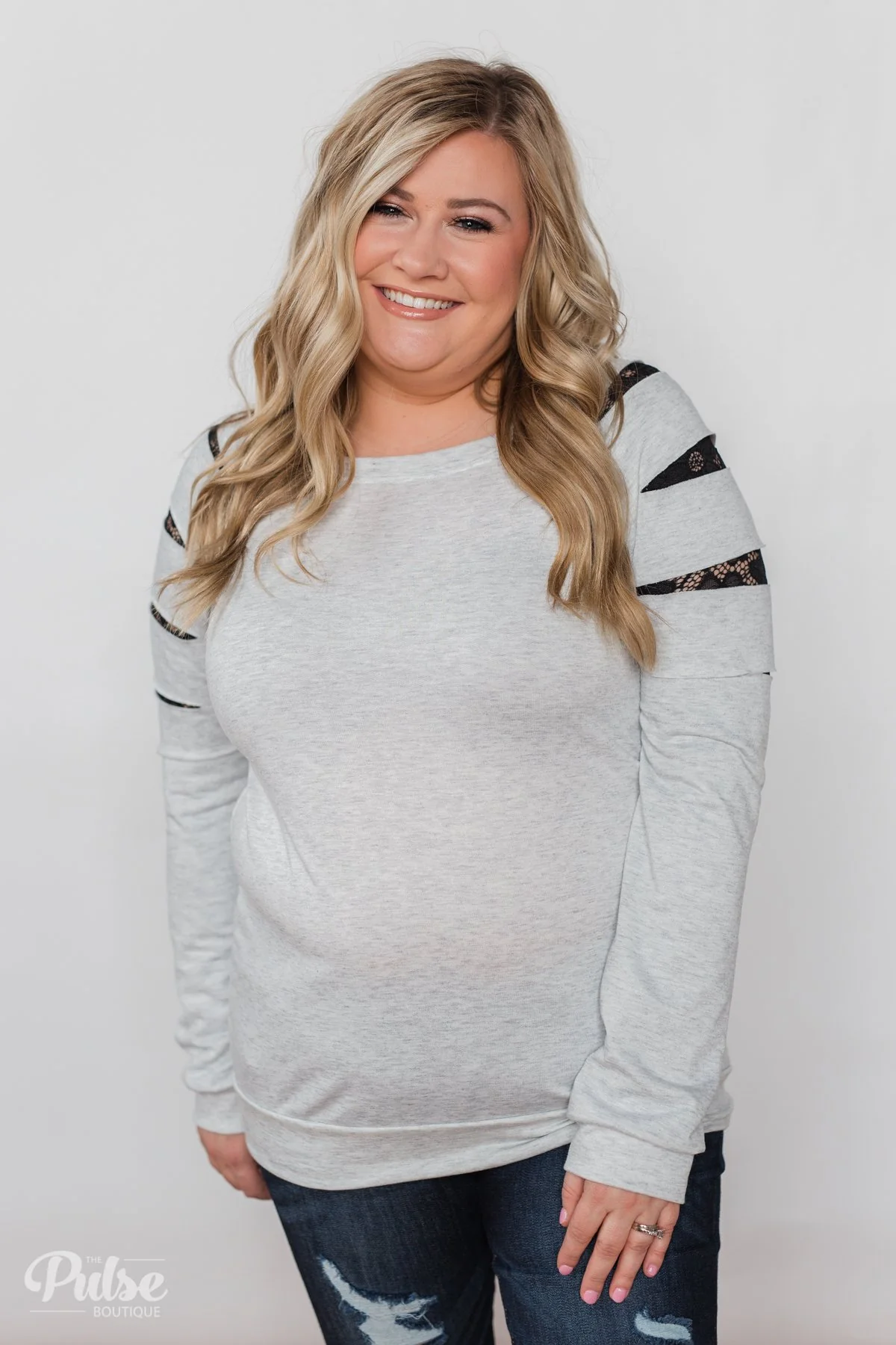 At First Glance Pullover Lace Detail Top- Grey - Image 9
