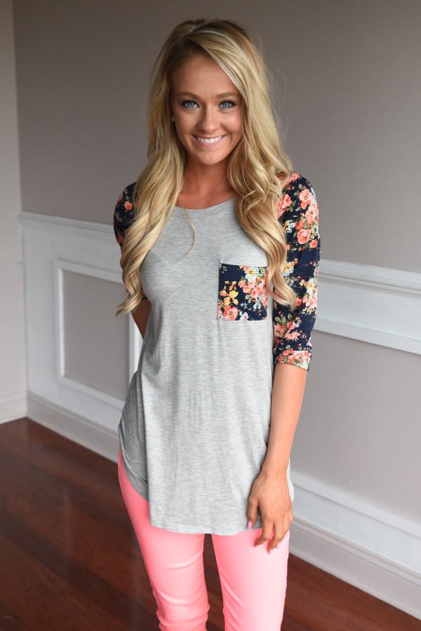 Grey Baseball Tee Navy Floral Sleeves Top