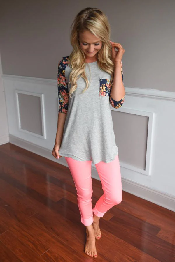 Grey Baseball Tee Navy Floral Sleeves Top - Image 2
