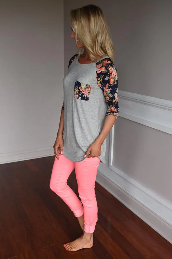 Grey Baseball Tee Navy Floral Sleeves Top - Image 4