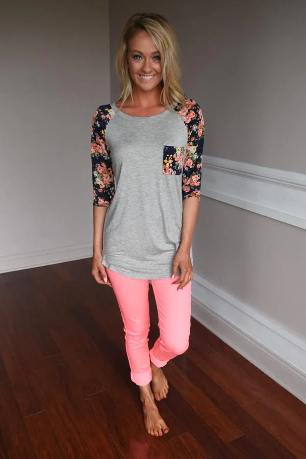 Grey Baseball Tee Navy Floral Sleeves Top - Image 5